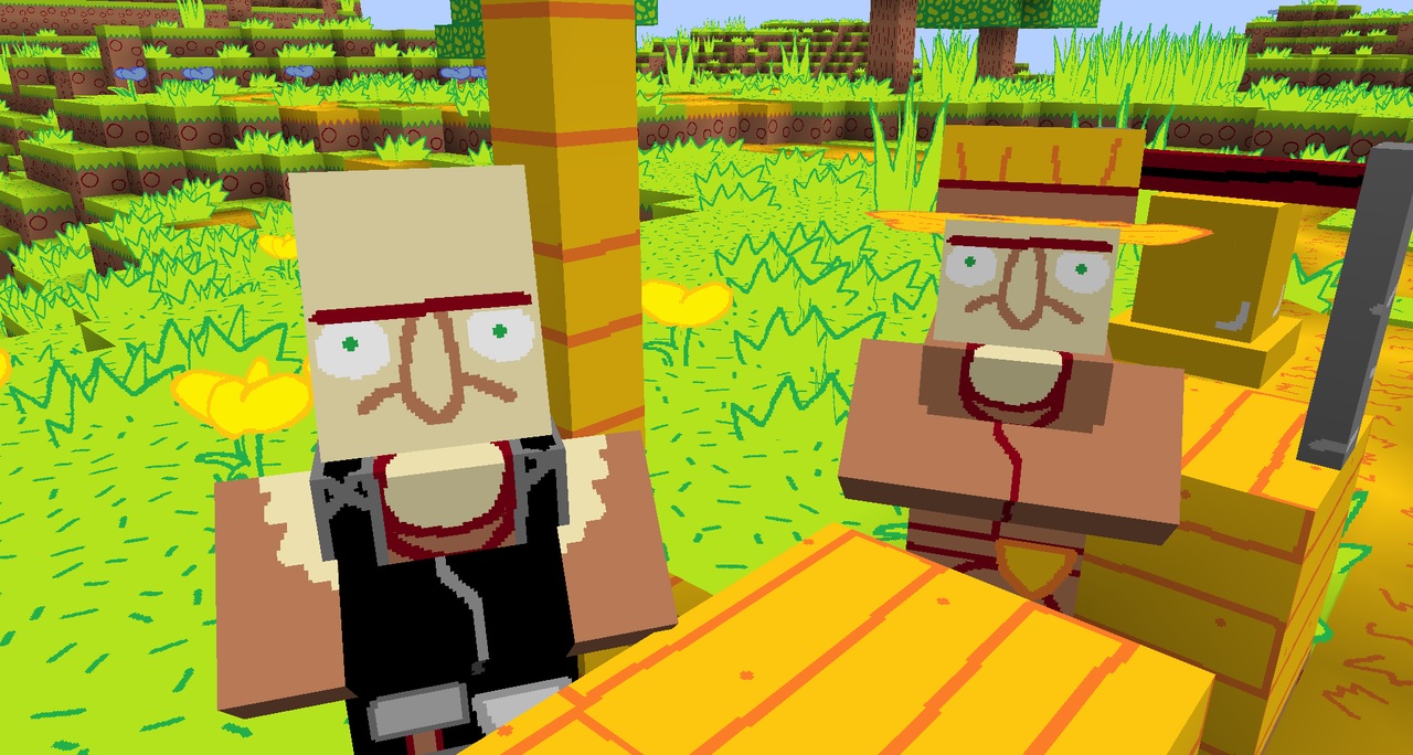 Minecraft texture pack MS Painted - Two villagers with shakey, unshaded faces look at the player.