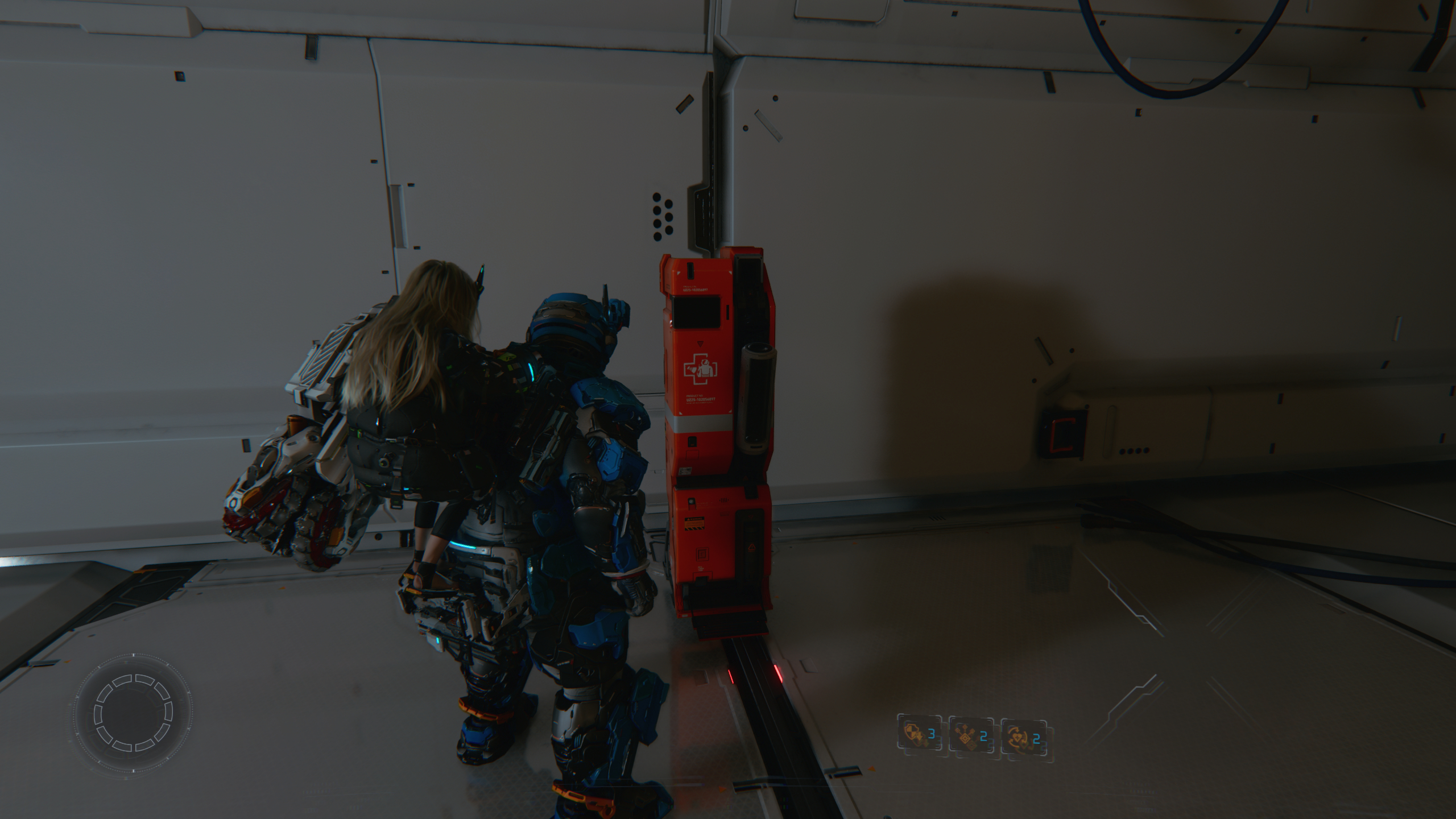 Pragmata guide: Hugh looking at a Repair Cannister station in a white room.