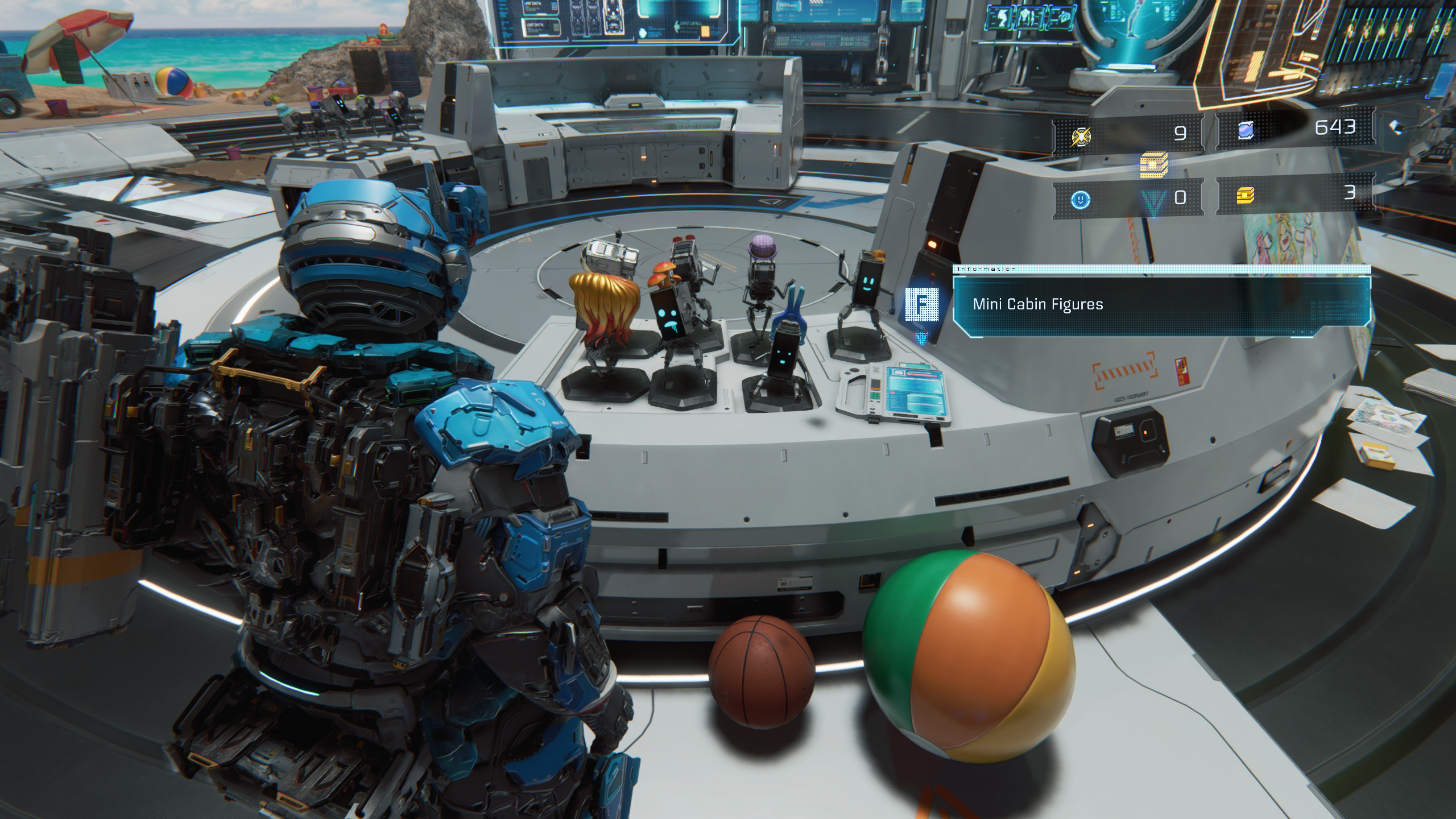 Pragmata guide: Hugh looking at the figure collection in the Shelter.