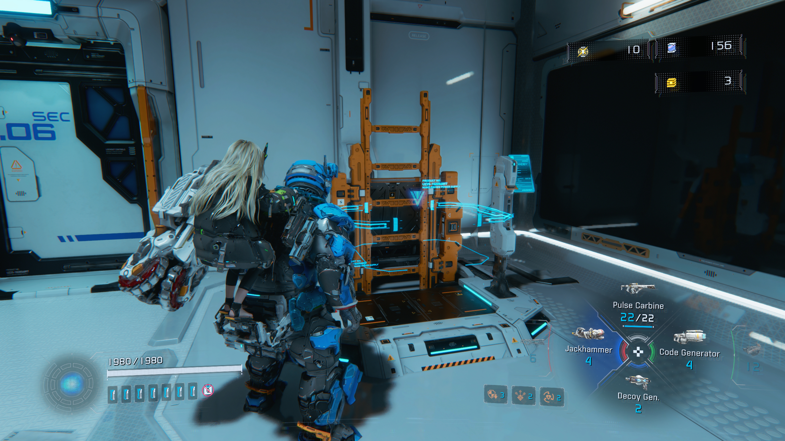 Pragmata guide: Hugh looking at an Escape Hatch in a lab.