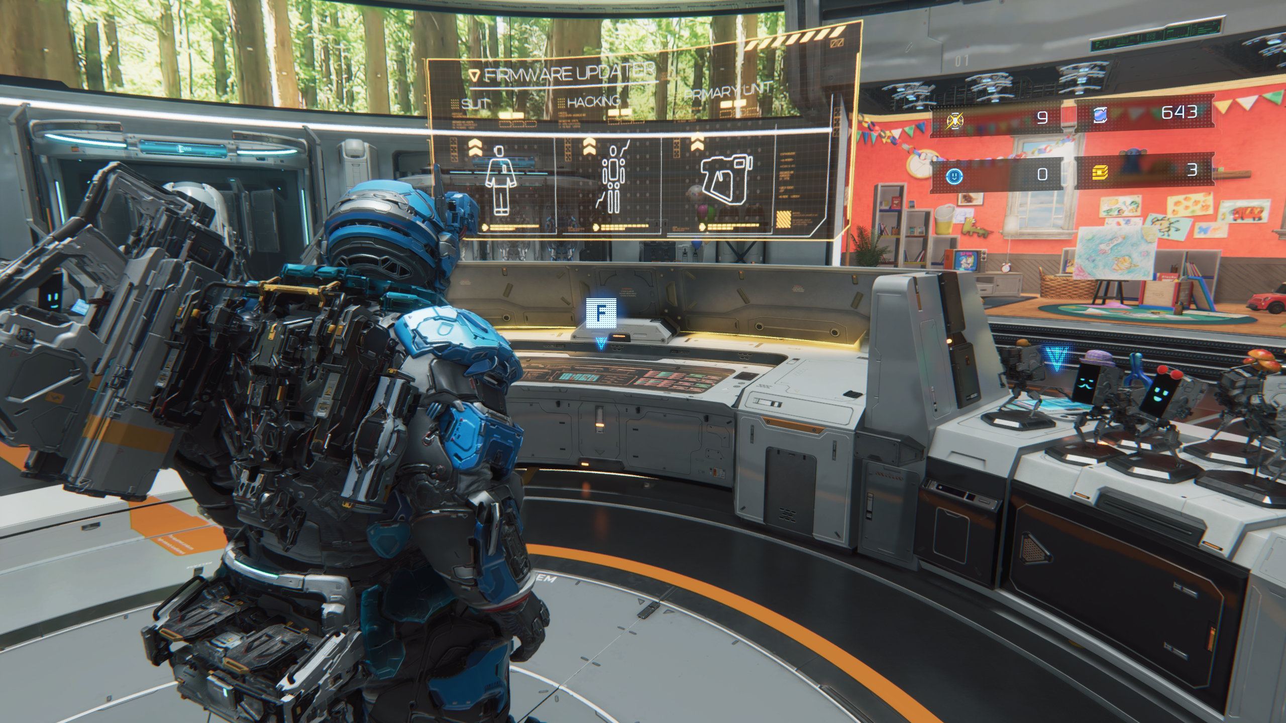 Pragmata guide: Hugh looking at the Firmware Updater in the Shelter.