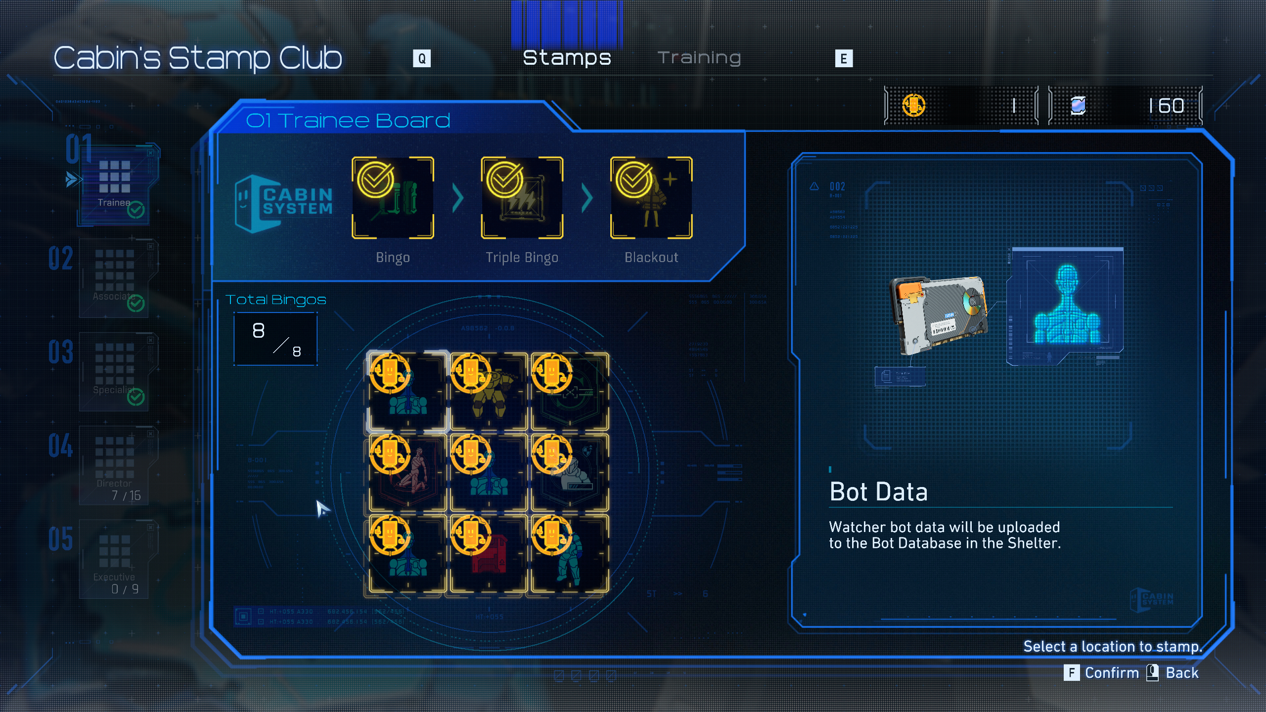 Pragmata guide: A completed Cabin Stamp Club board.