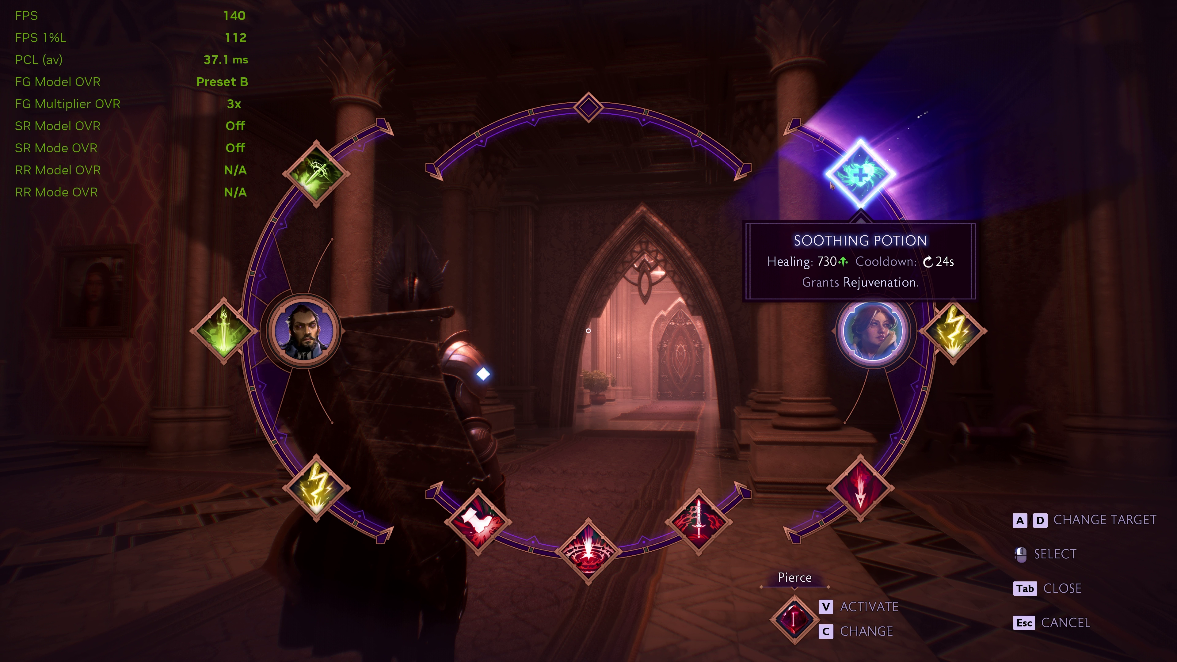 A screenshot of Dragon Age: The Veilguard, using DLSS 4.5 3x Multi Frame Generation Preset B