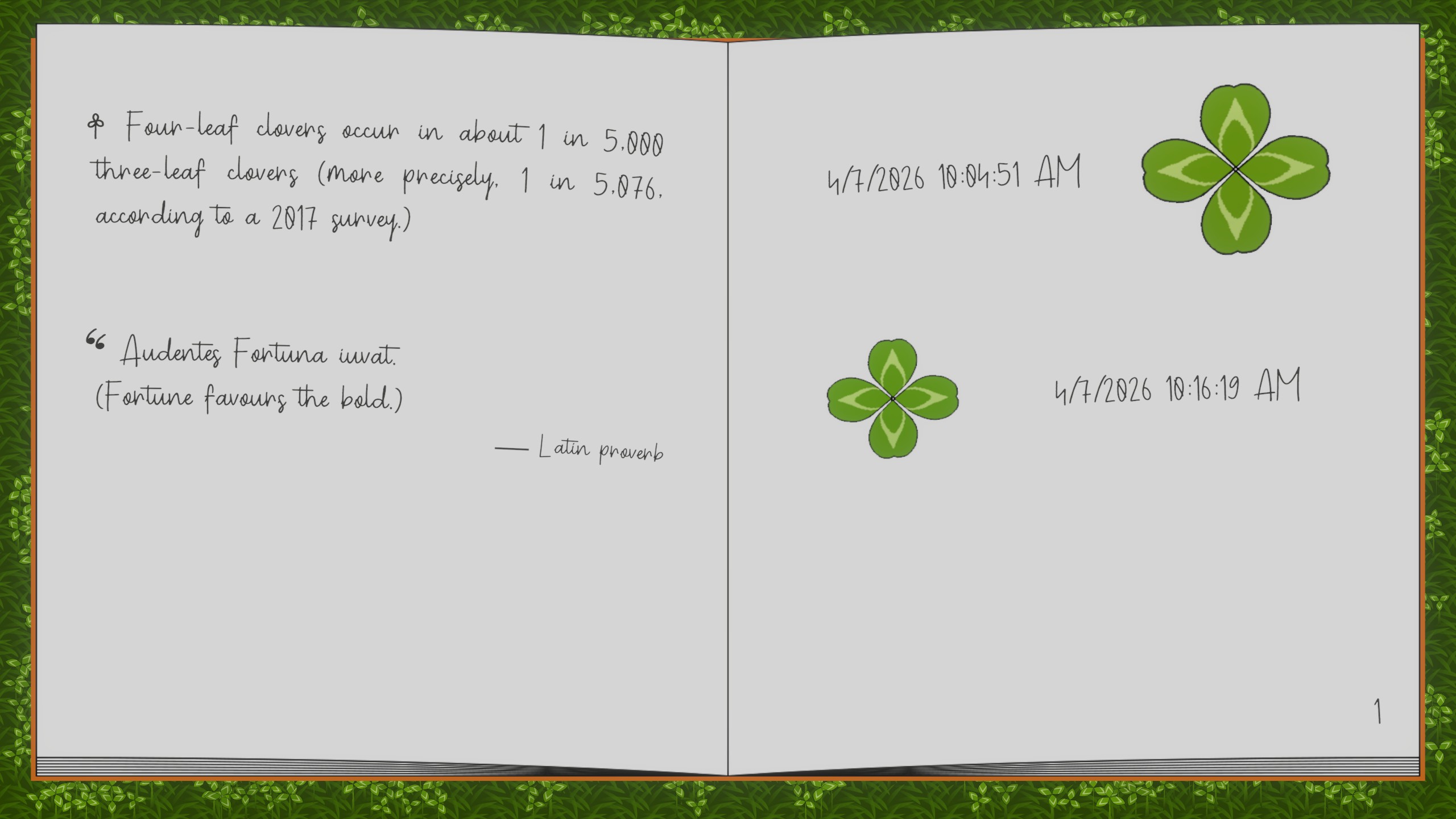 One In A Thousand: Clvoer Book - A journal logging four-leaf clovers and the date they were found.