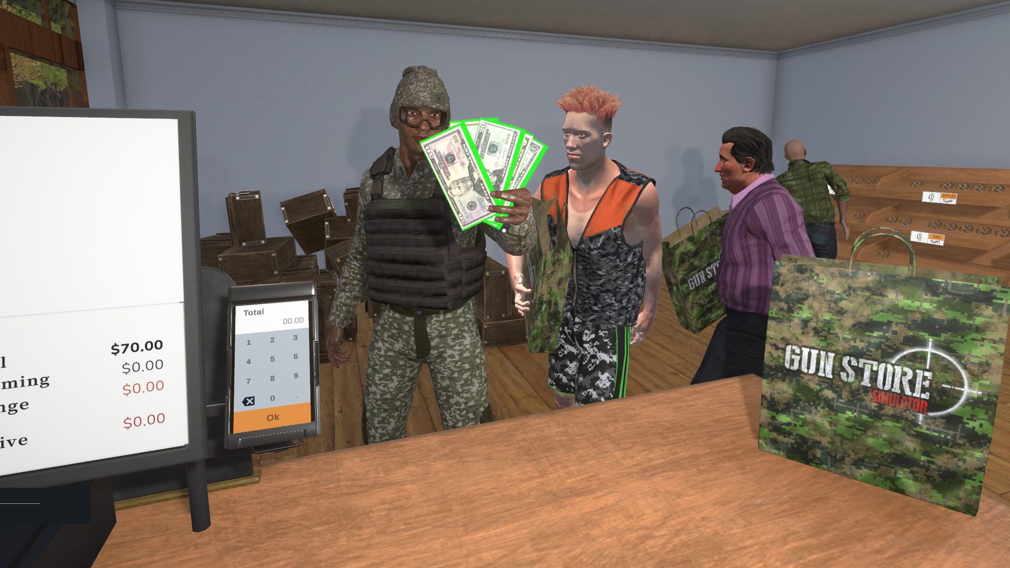 A gun store with customers buying weapons