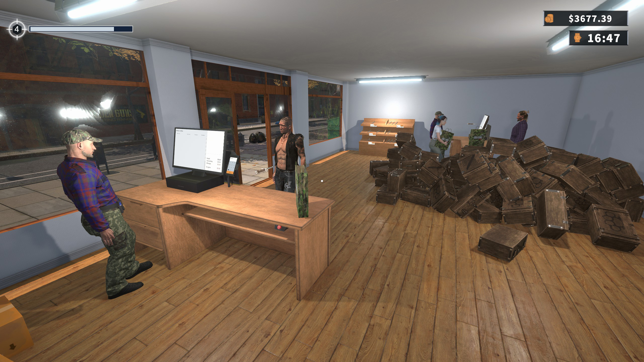 A gun store with customers buying weapons