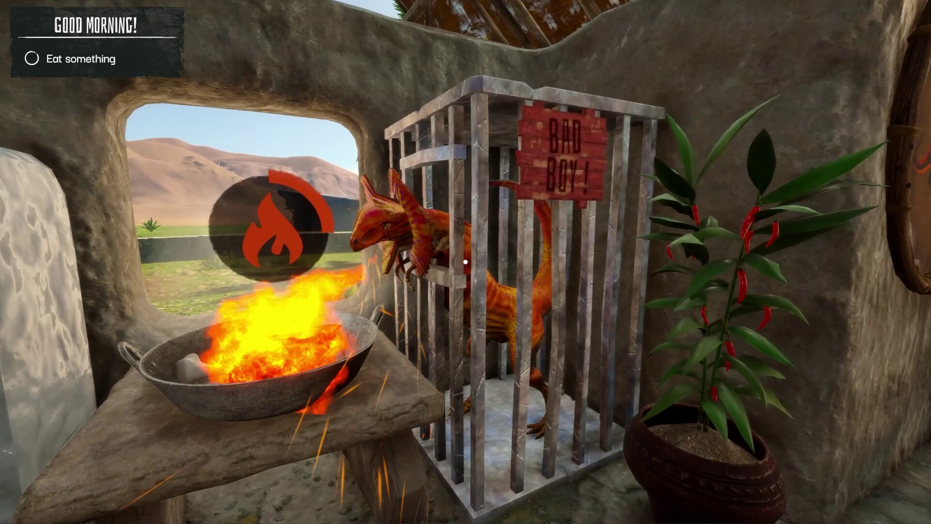 A fire breathing dinosaur heating up some raw meat in Primal Repairs.