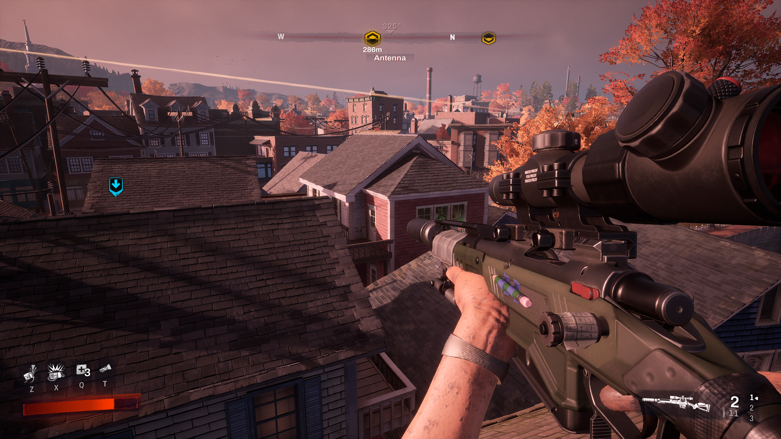 A sniper rifle scans the rooftops.