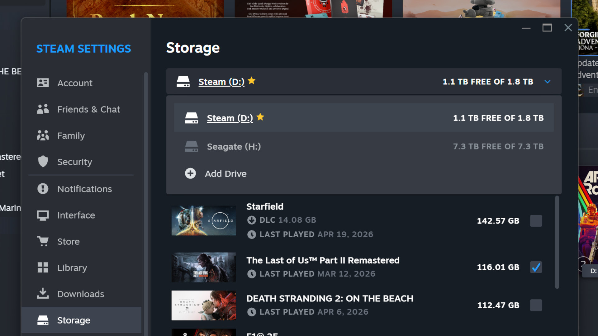 A screenshot of Steam, showing the use of an external HDD as a secondary library storage