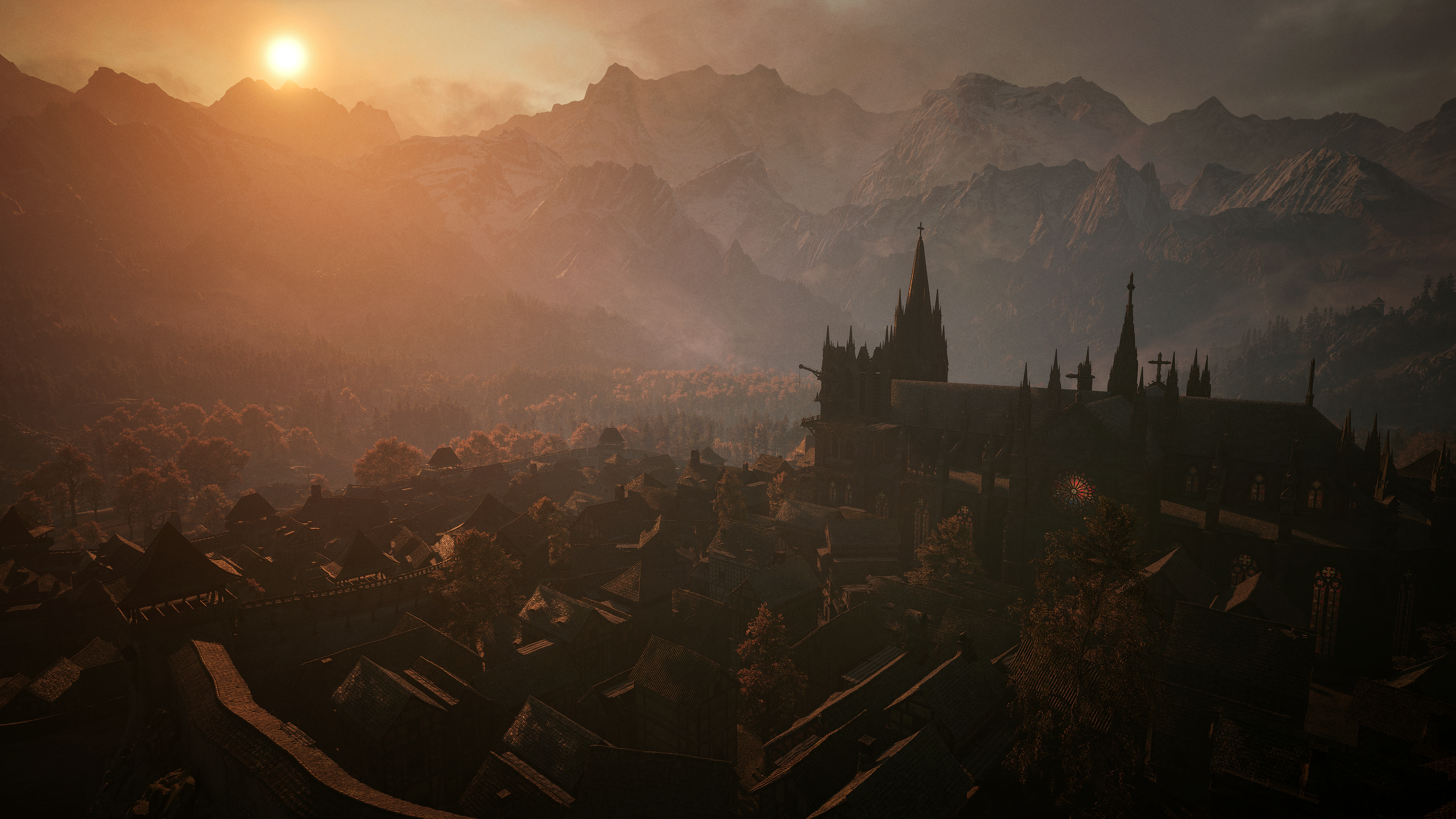 The view over a town at sunset in The Blood of Dawnwalker.