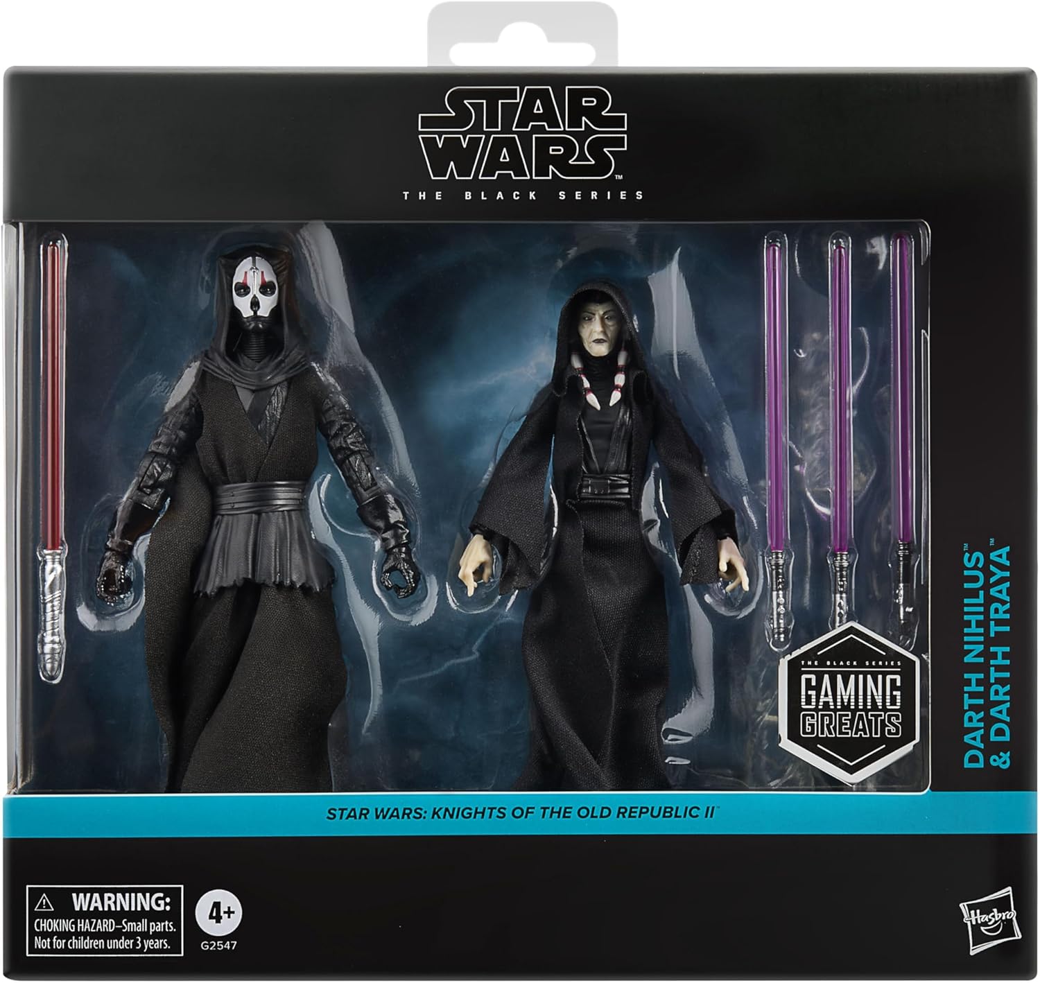 Kreia and Darth Nihilius action figure promo image showing features and packaging.