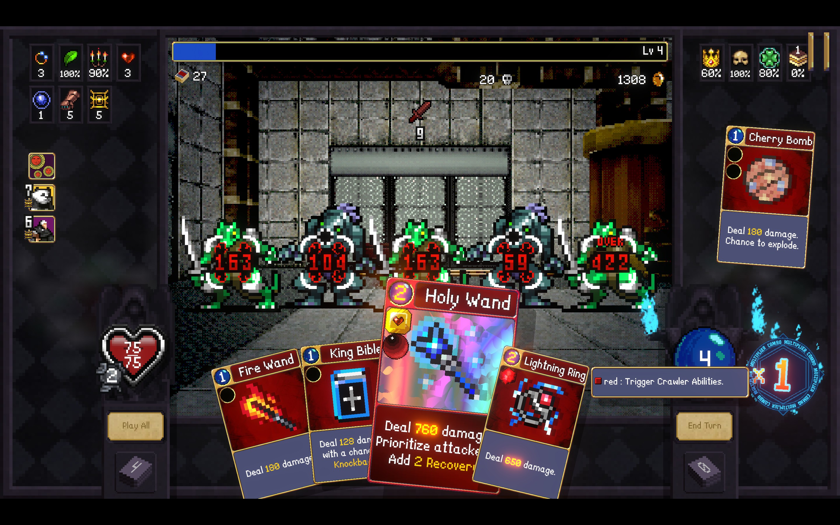Playing a Holy Wand card in a battle in Vampire Crawlers.