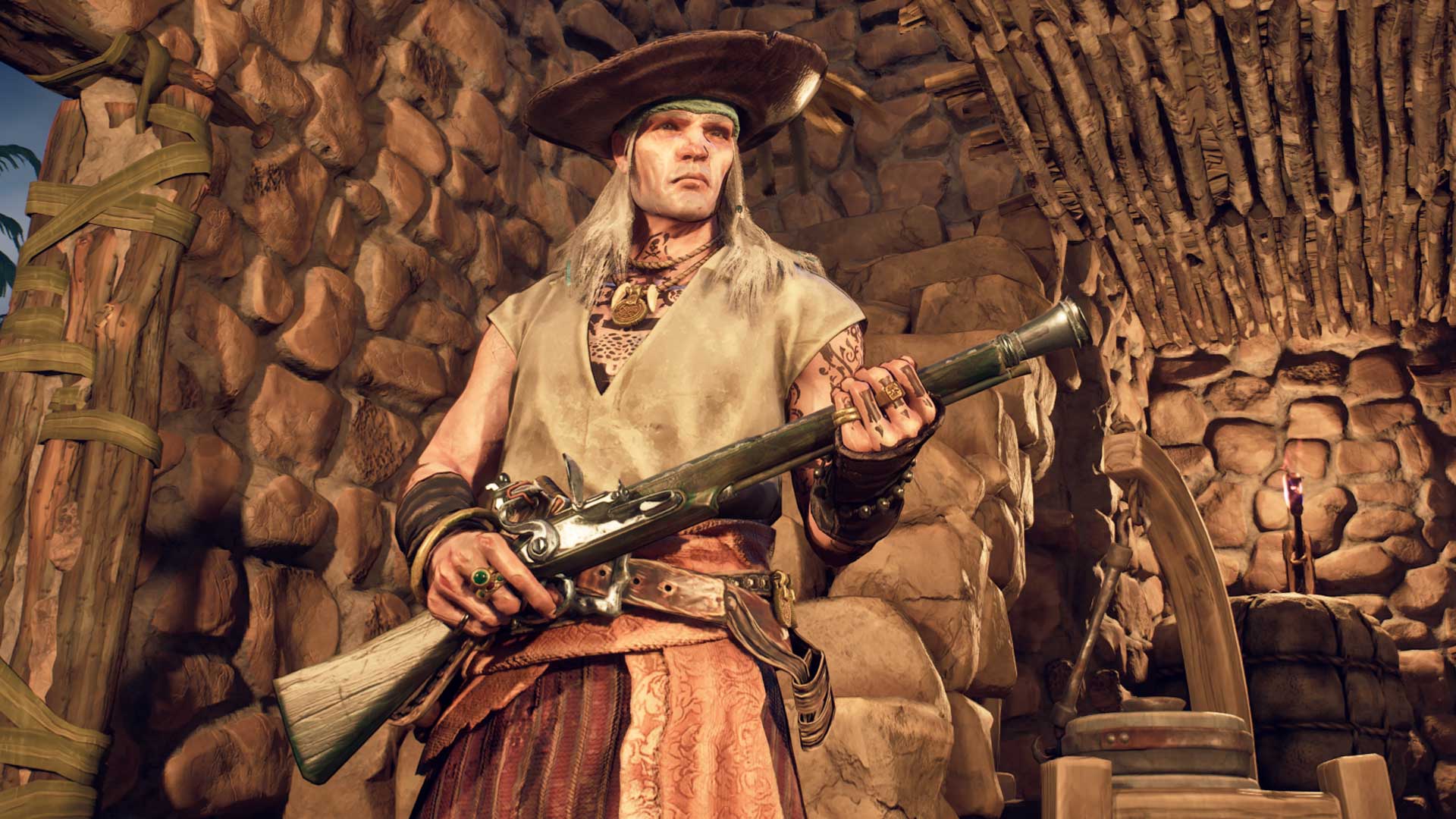 Windrose - A pirate holding a gun inside their house