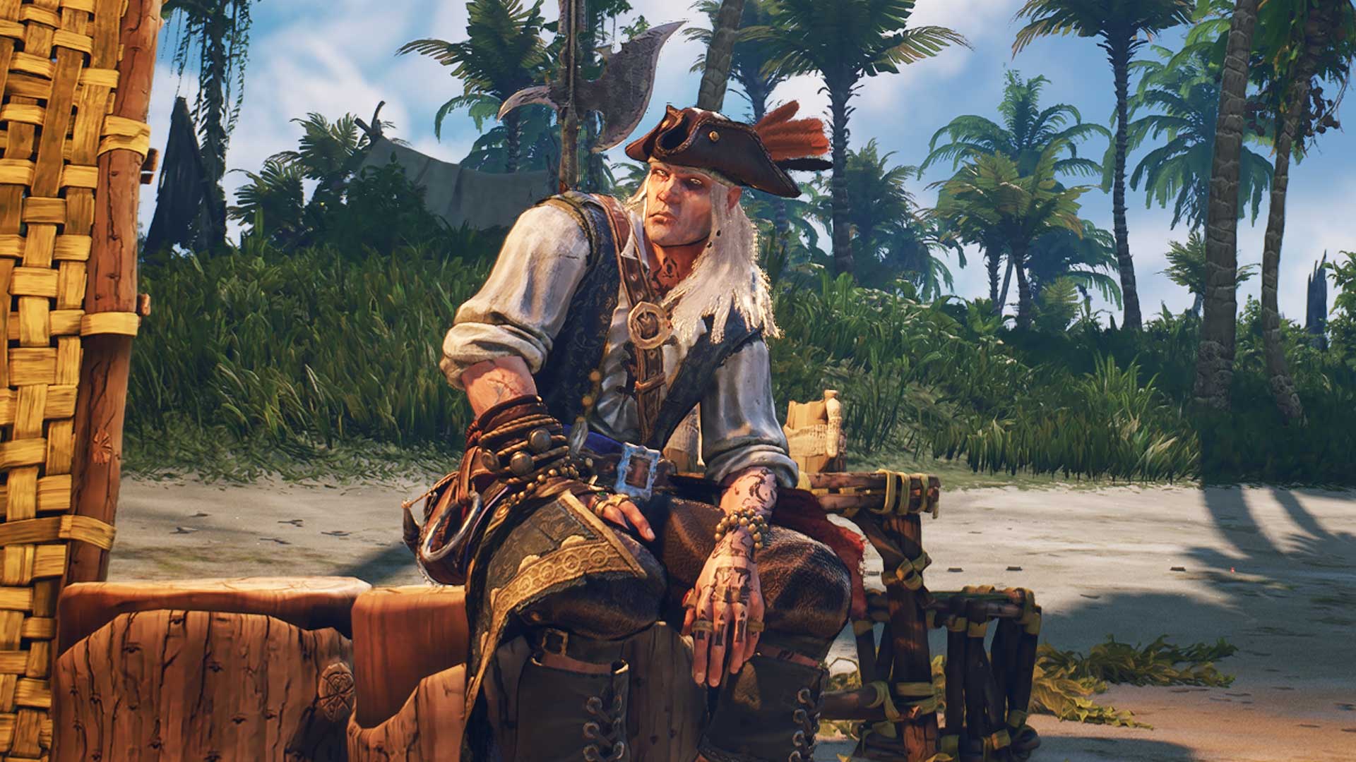 Windrose - A pirate sitting on a stump looking out toward the ocean
