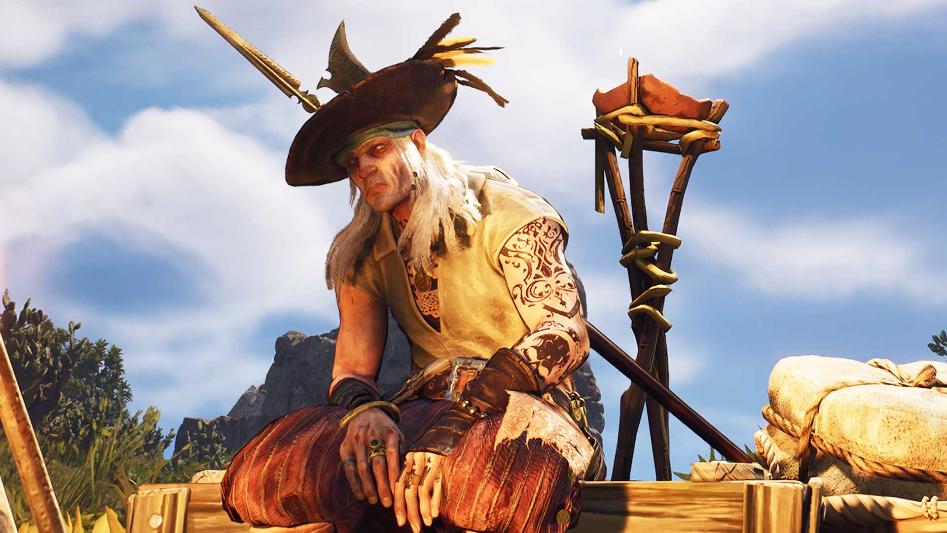 Windrose - Player character seated on a pile of crates beside a fire