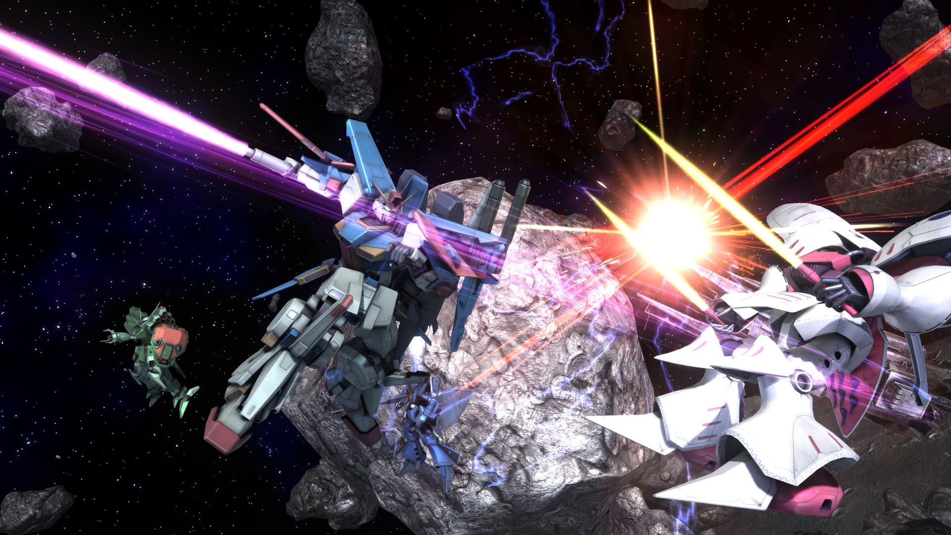A ZZ Gundam attacks a Qubeley in GBO 2.