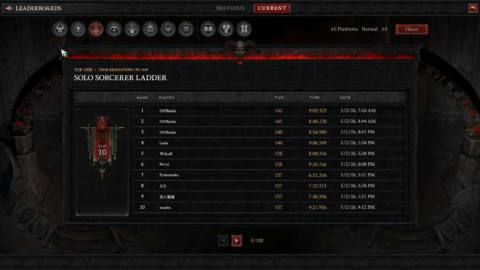 A screenshot of the Diablo 4 class leaderboards for The Tower.