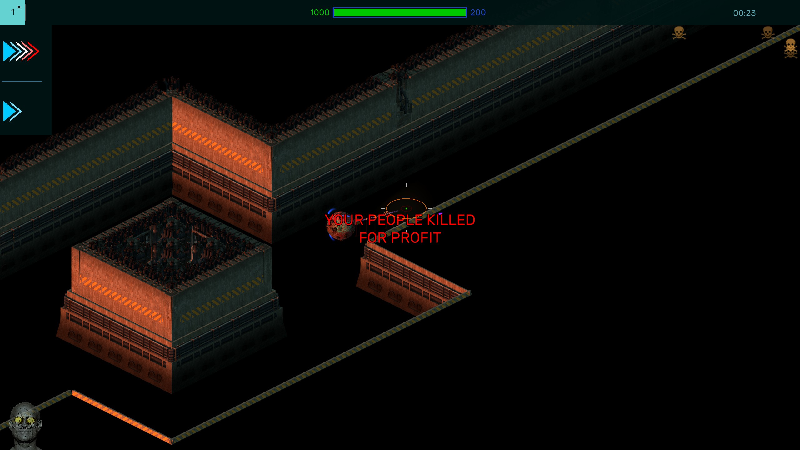 Brigador Killers screenshot pinball mech in hallway text: 
