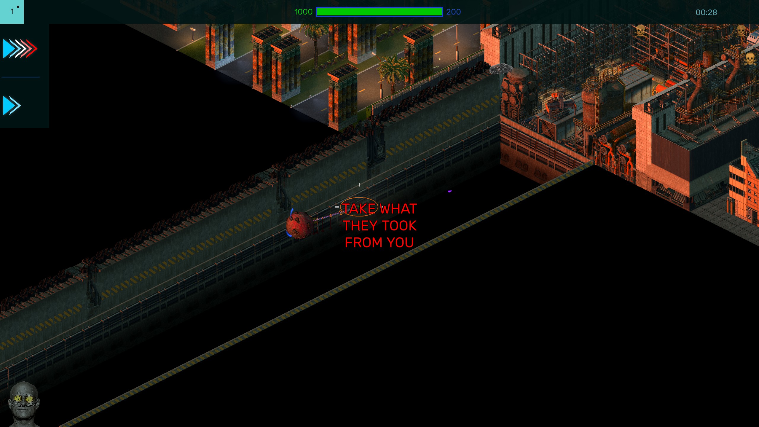 Brigador Killers gameplay pinball mech approaching city text: 