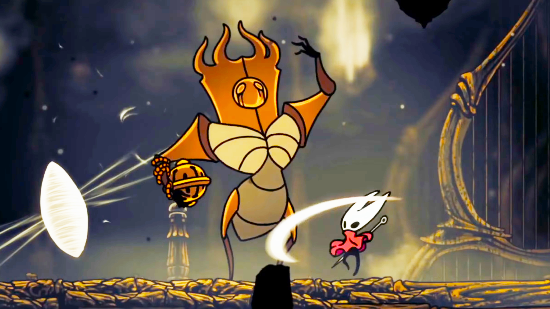 A screenshot of Hollow Knight Silksong where main character Hornet takes a swipe at The Last Judge, one of the action game's bosses.