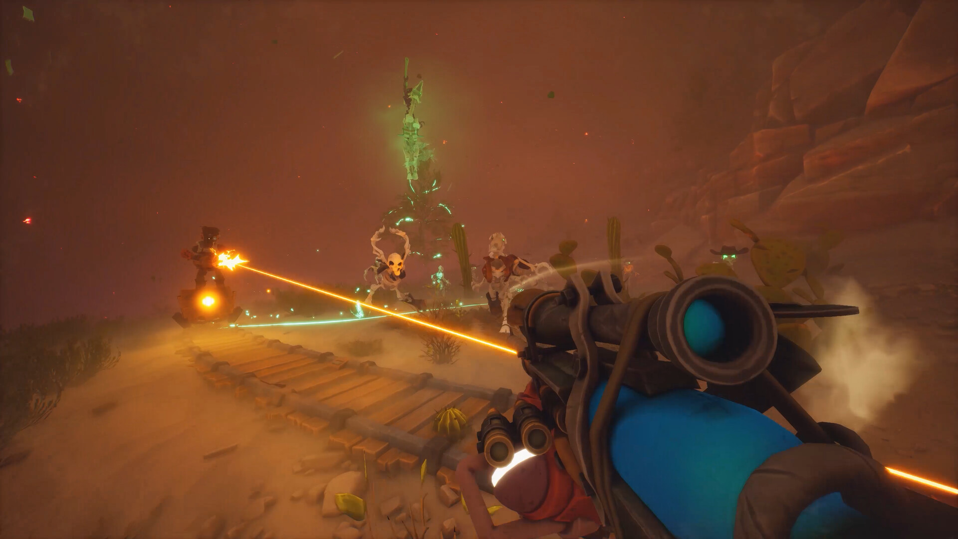A robot cowboy takes aim at skeletons in Far Far West.