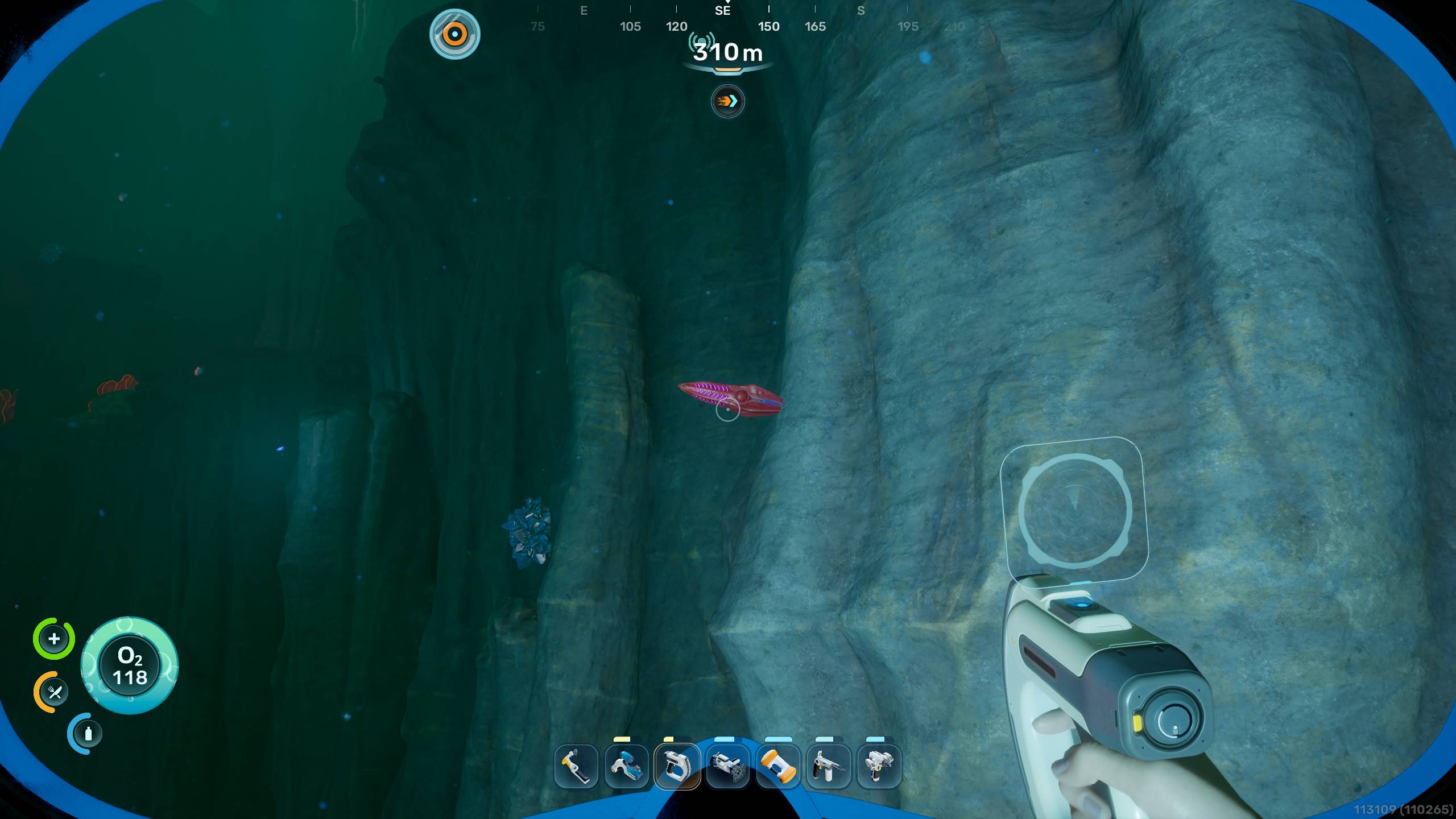Subnautica 2 Biomods: A player looking at a Bullethead lodged in a cliff. 