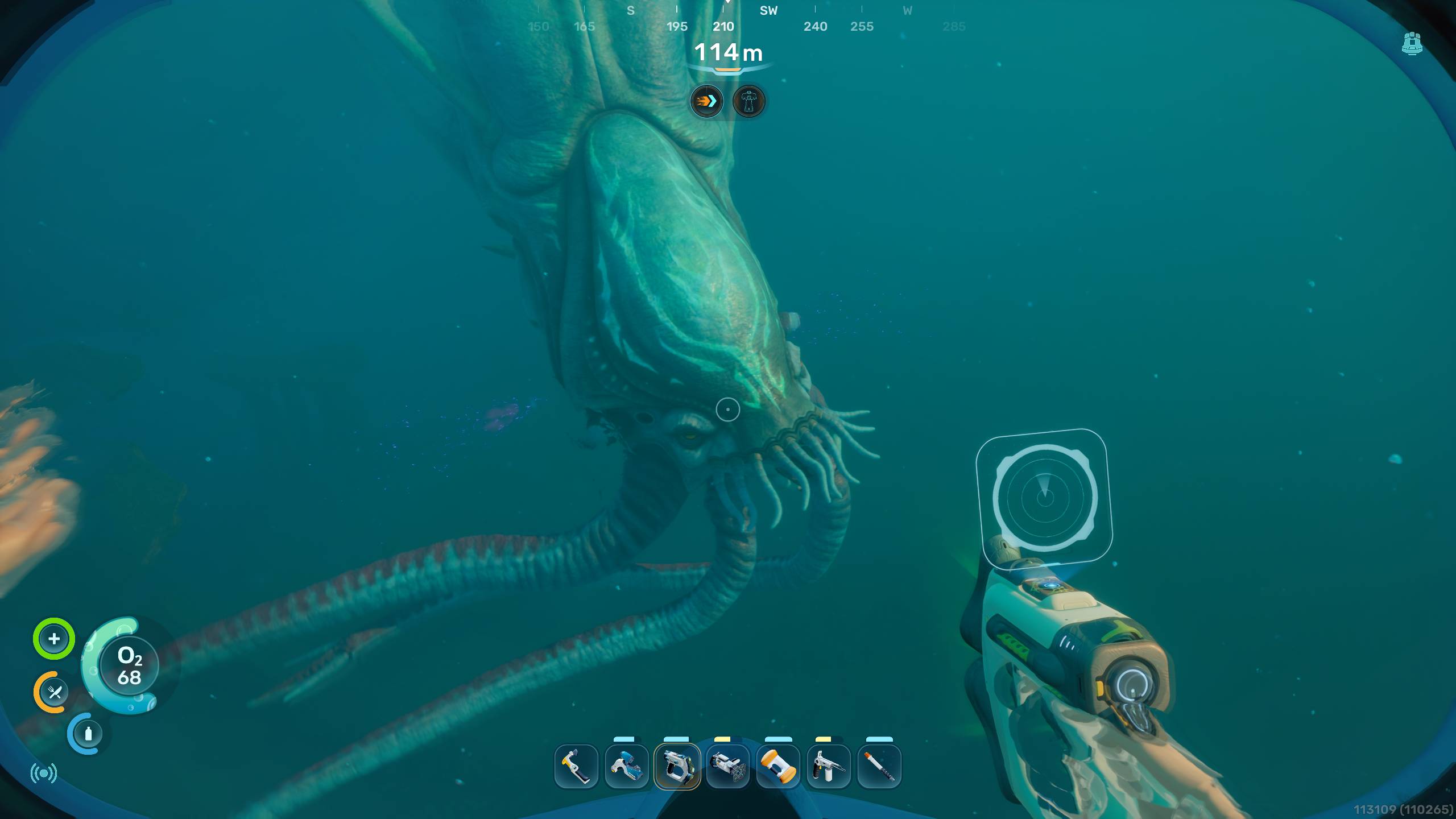 Subnautica 2 Biomods: A player looking at a Collector Leviathan.