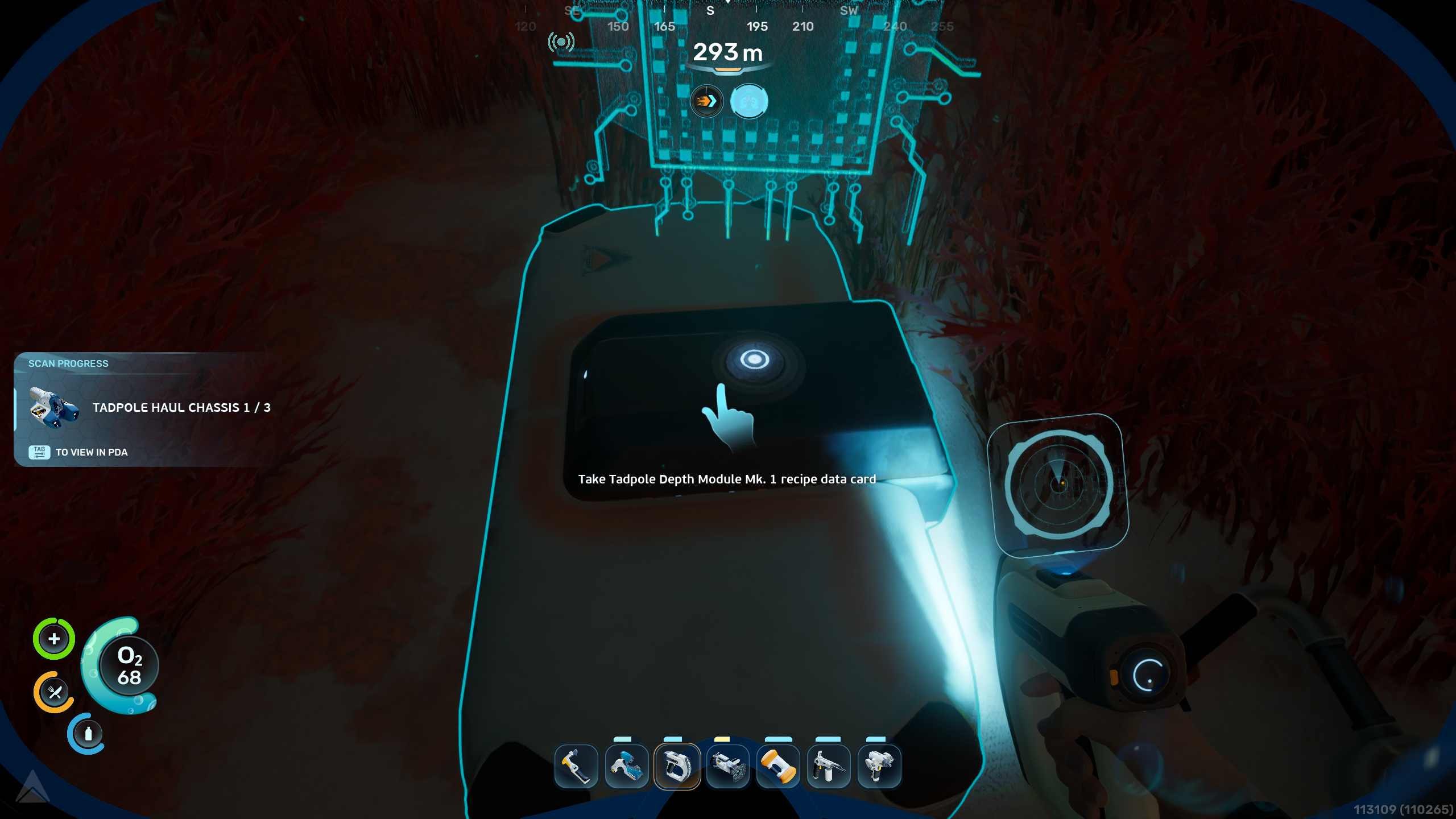 Subnautica 2 Alien Ruins: A player looking at the Tadpole Depths Module MK1 upgrade on the seafloor.