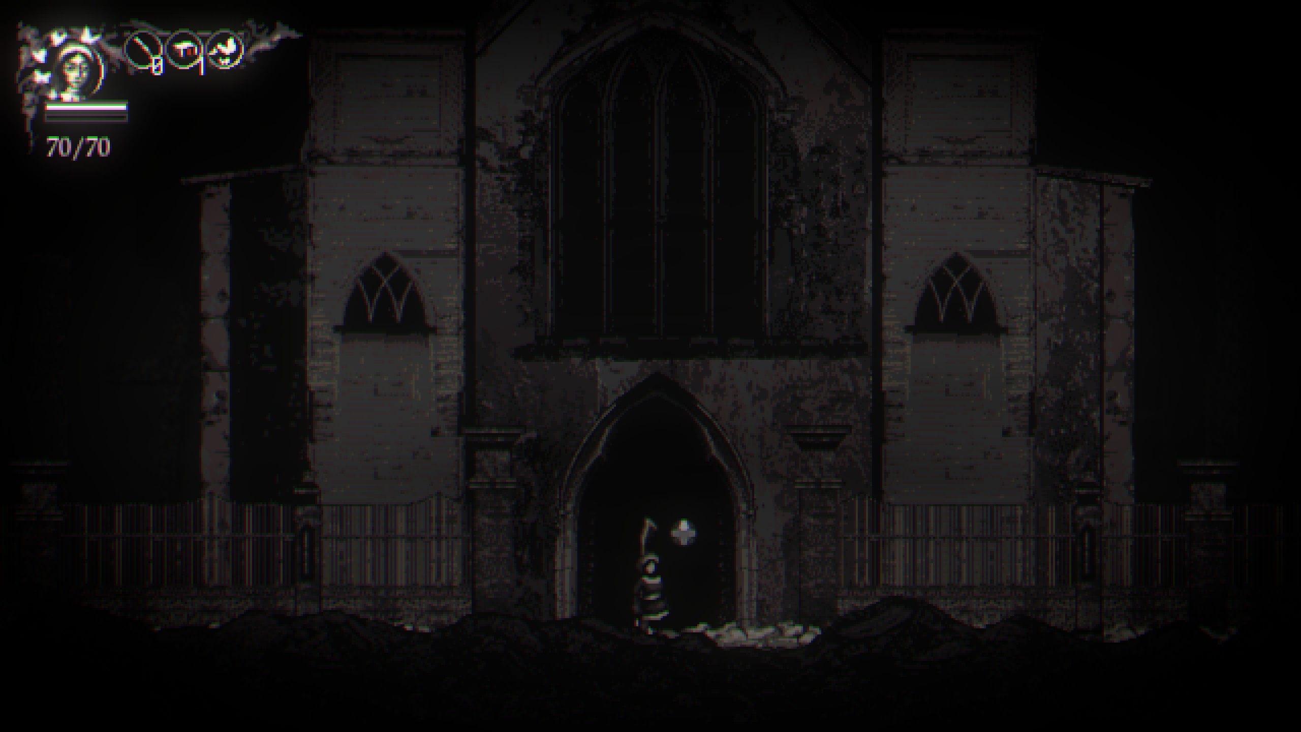 Metamorphosis standing outside darkened cathedral