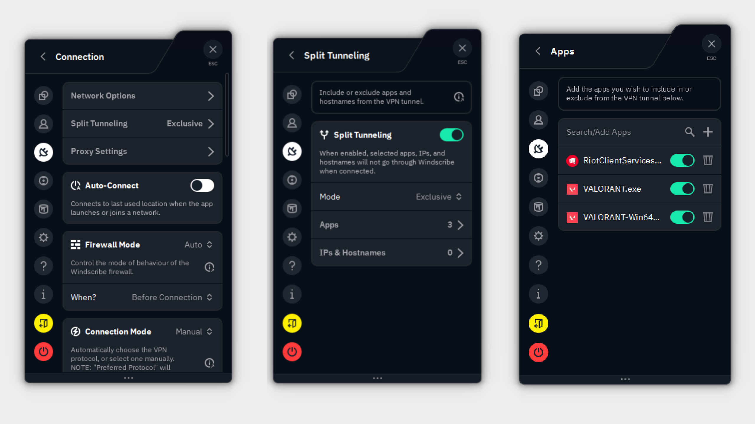 Three screenshots from Windscribe VPN showing the split tunnelling feature.