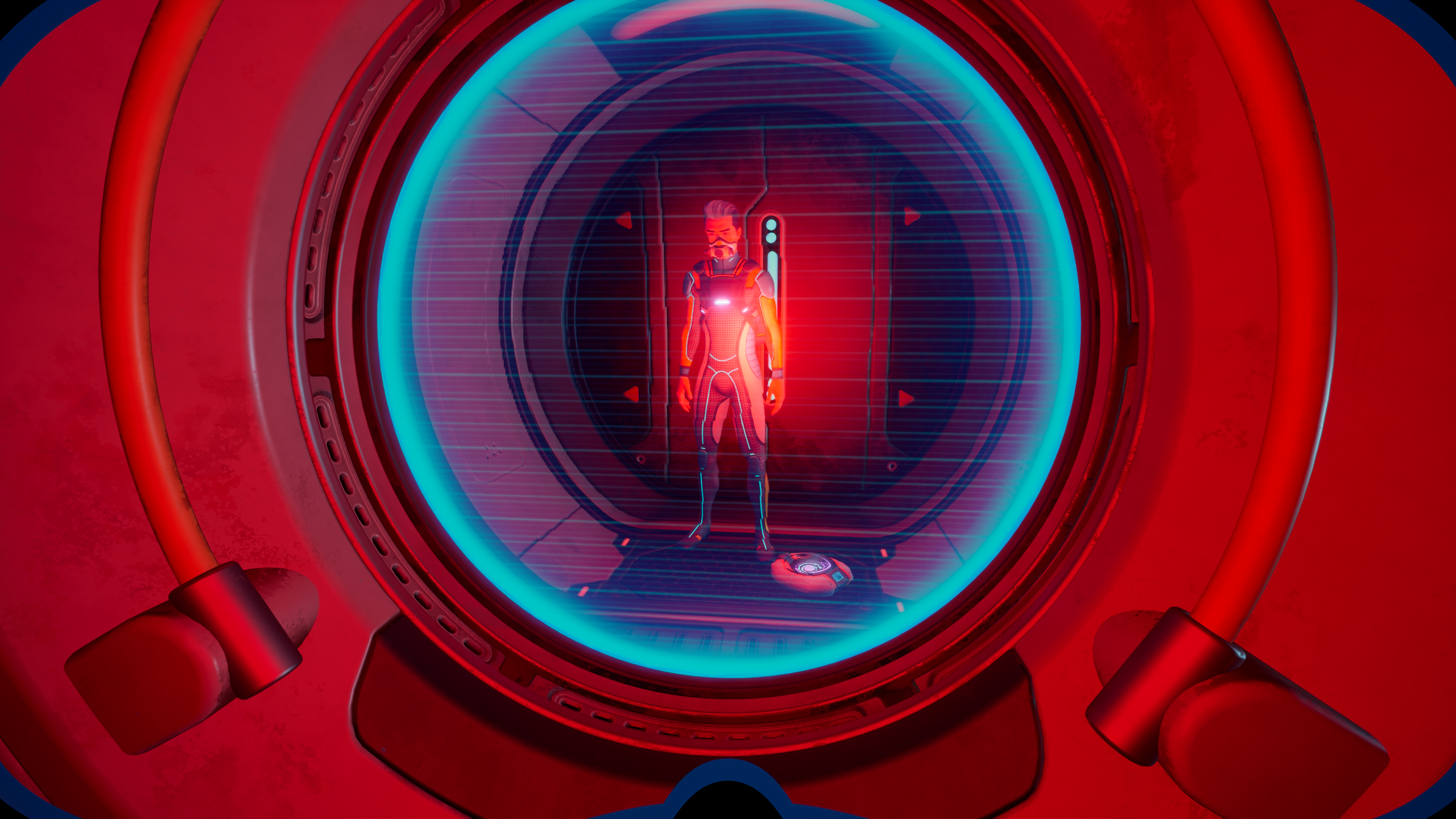 Subnautica 2 - Man standing inside red-lit base