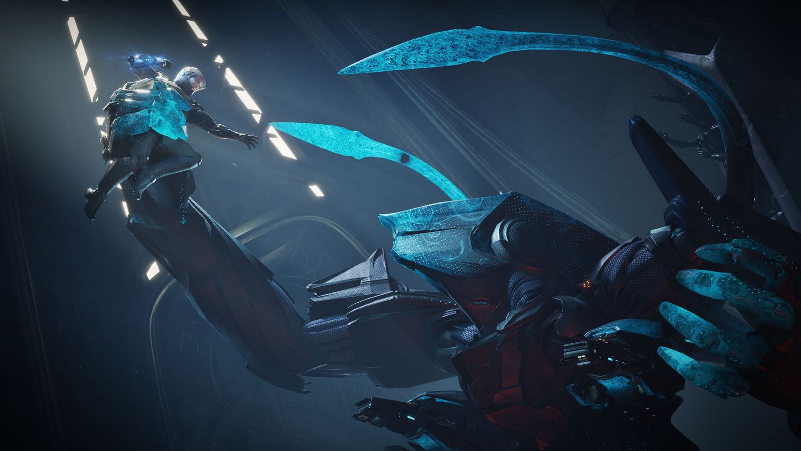 A large, tentacled, armored alien entity hoists a human in its massive hand in Exodus.