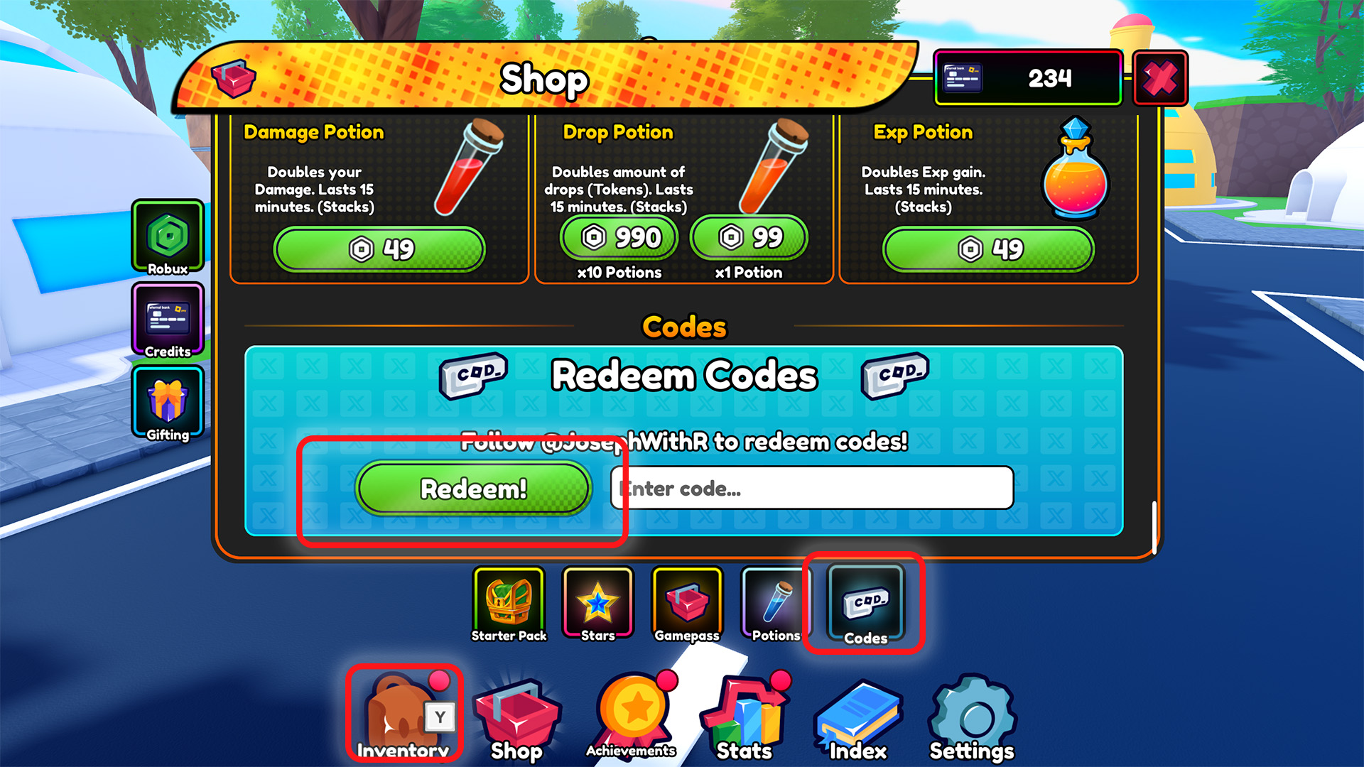 The menu for redeeming codes in Anime Eternal on Roblox. There are three UI buttons you'll need to click in the process, each highlighted with a red square.