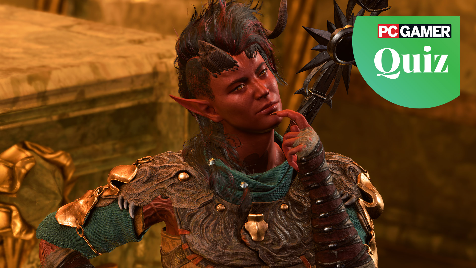 Karlach from Baldur's Gate 3 standing with her finger to her mouth in a 