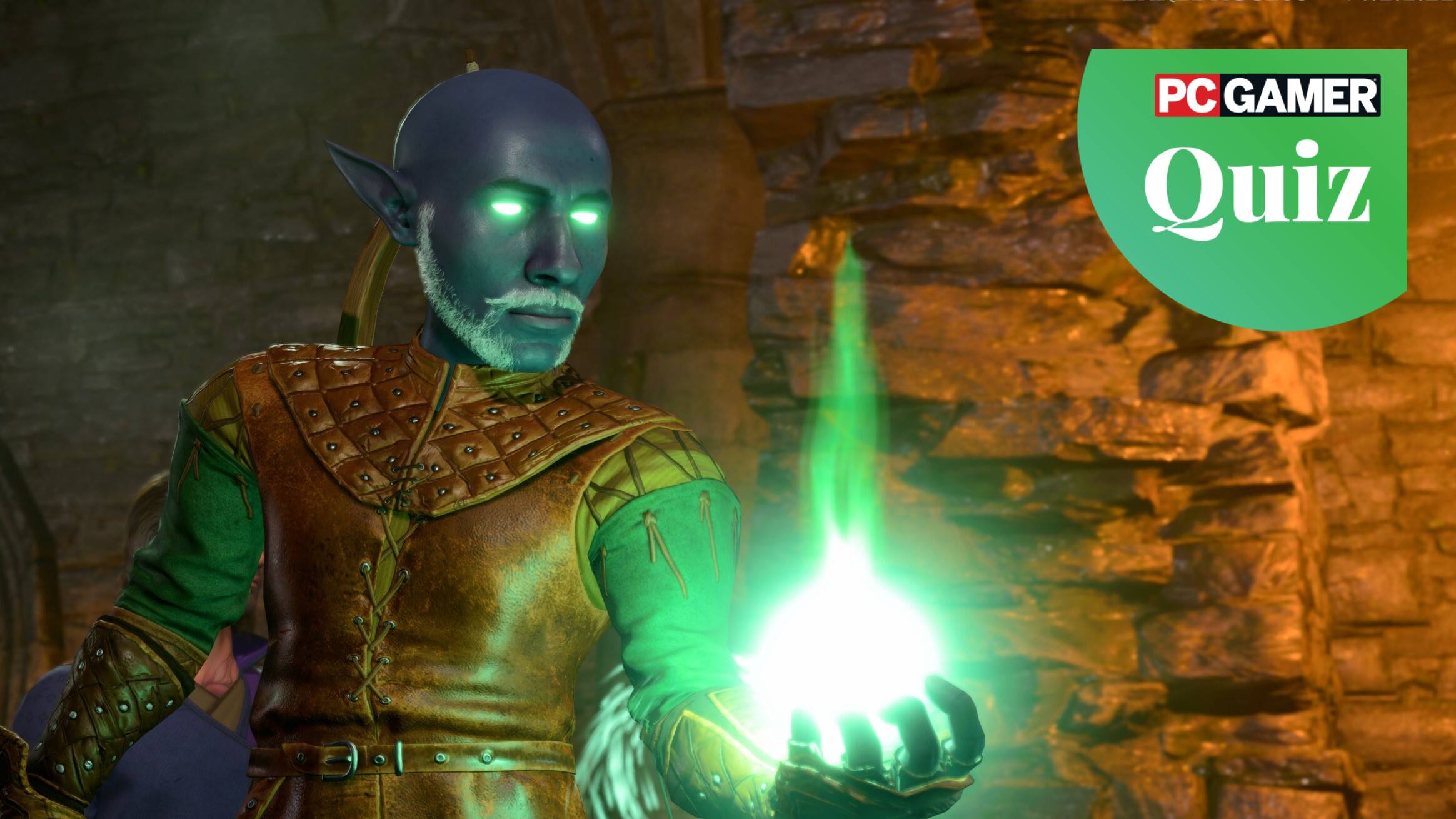 A gnome casts a magical spell. In the top right corner is a PC Gamer Quiz header.