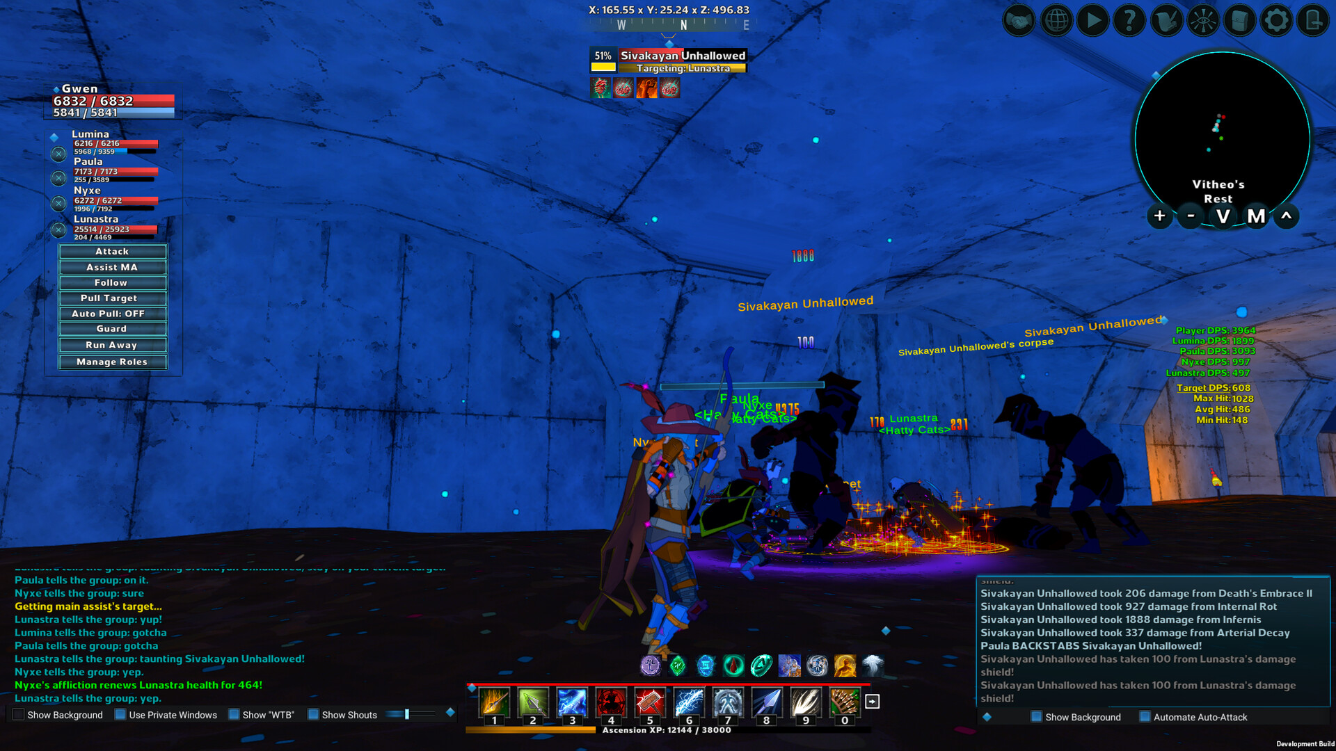 A group of players battle undead in an Erenshor dungeon.