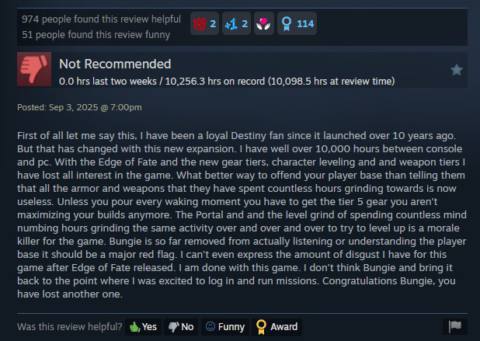 Steam reviewer says ‘I am done with this game’ after 10,000 hours of Destiny 2, then plays another 160 hours just to be sure
