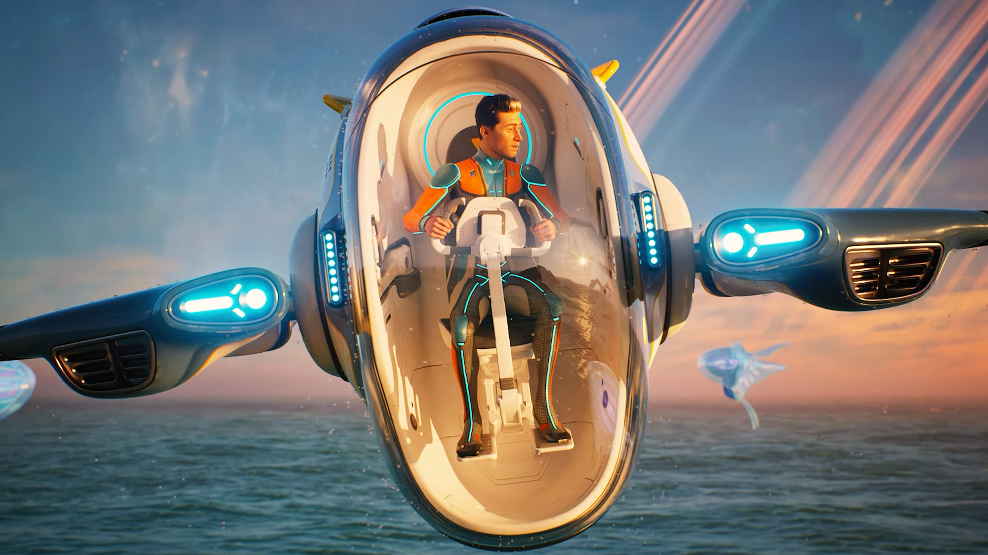 Subnautica 2 - Player vessel launching out of the water into the sky