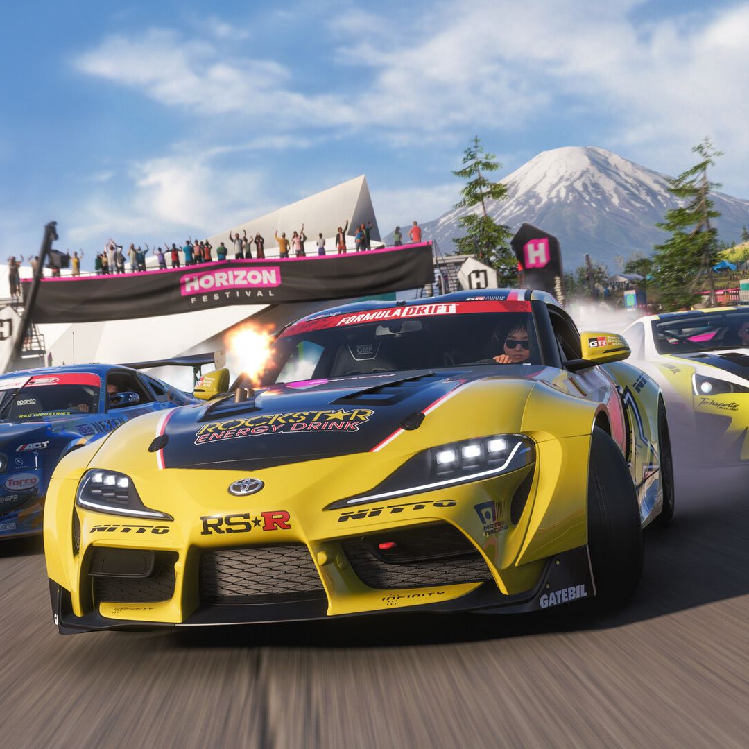 Forza Horizon 6: Three sports cars racing past the finish line towards the camera, nearly crashing into each other.