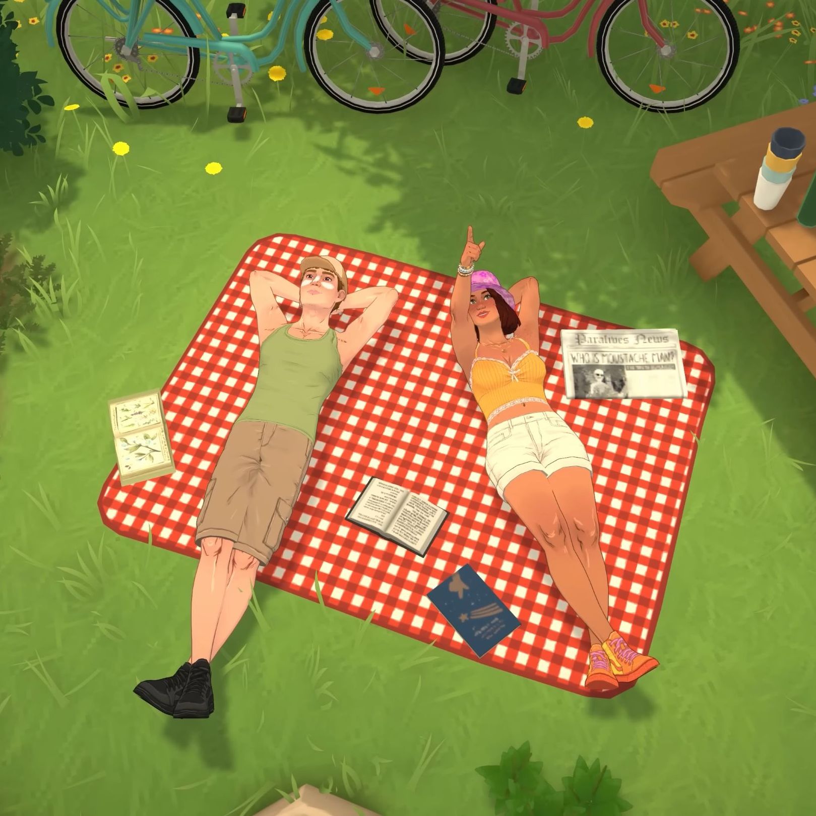 Two characters in Paralives laying in the grass on a blanket