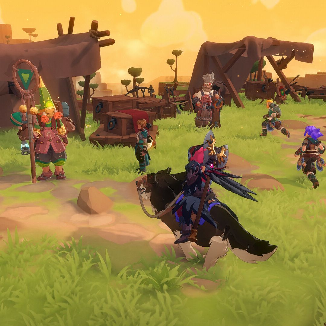 Farever - A group of players on mounts standing around in a village