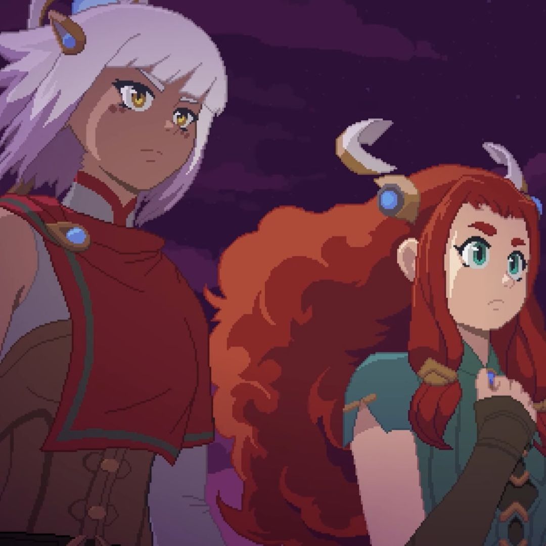 Alabaster Dawn - Two young women standing in the darkness intensely looking at a distant threat
