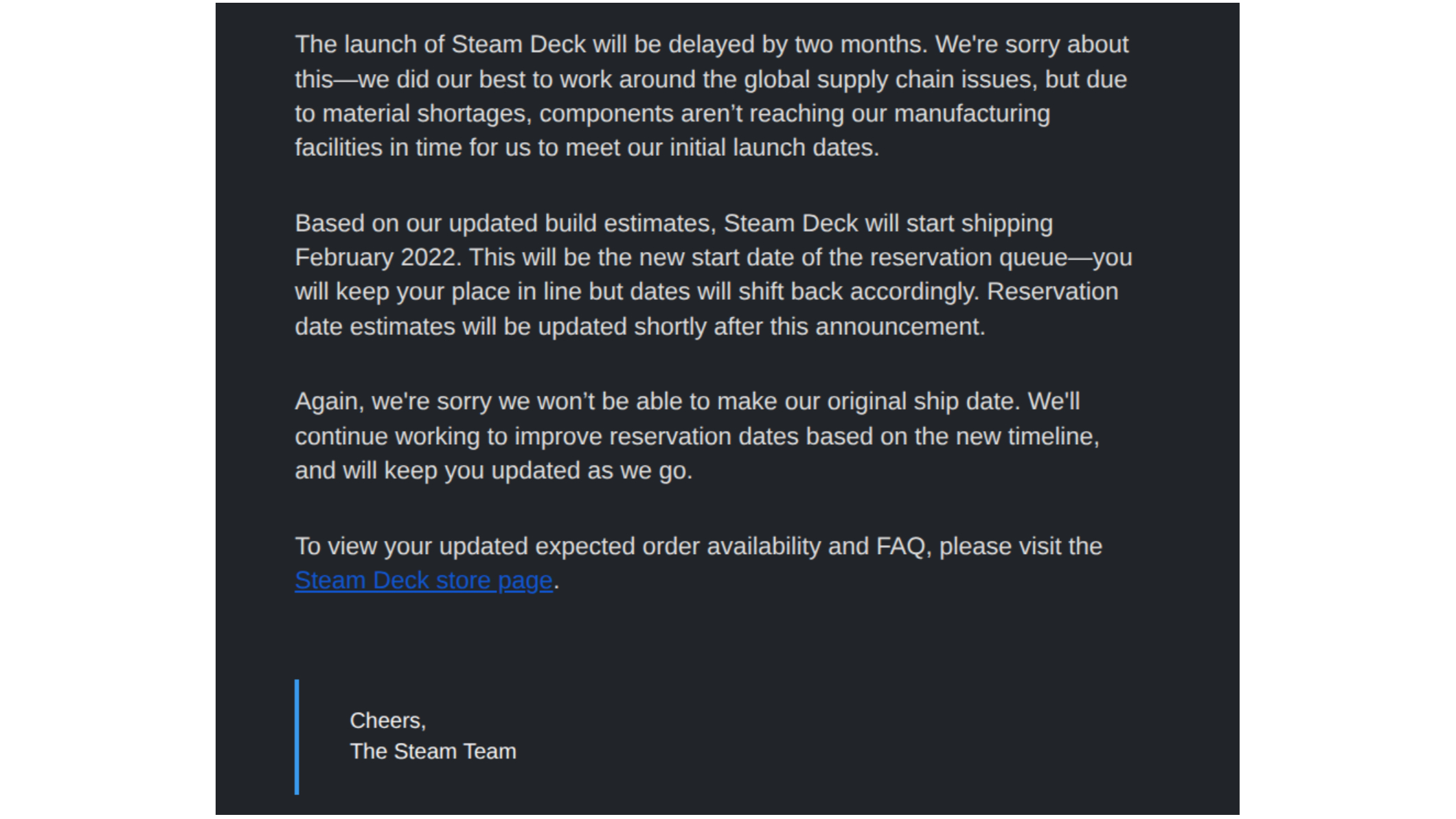 Valve's message about the Steam Deck delays.