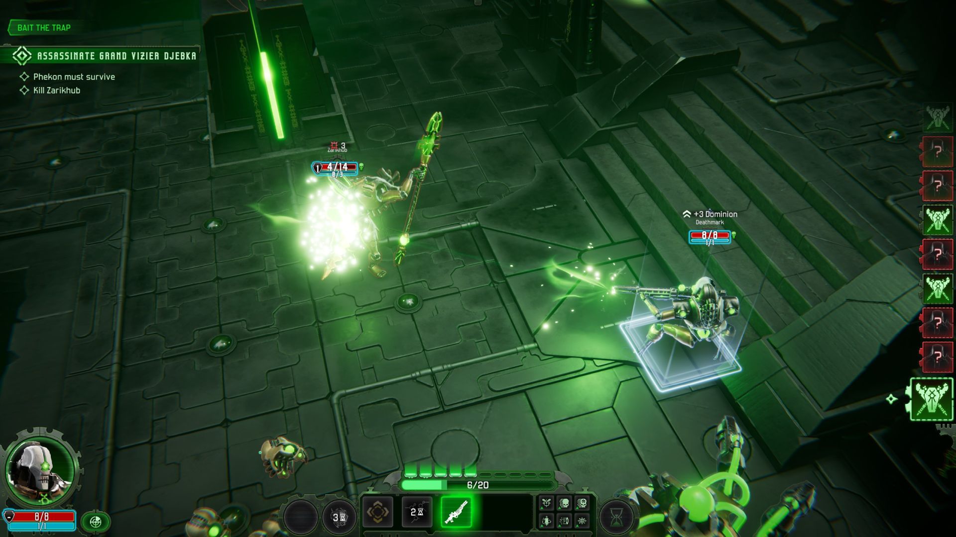 A deathmark necron fires green energy at a rival