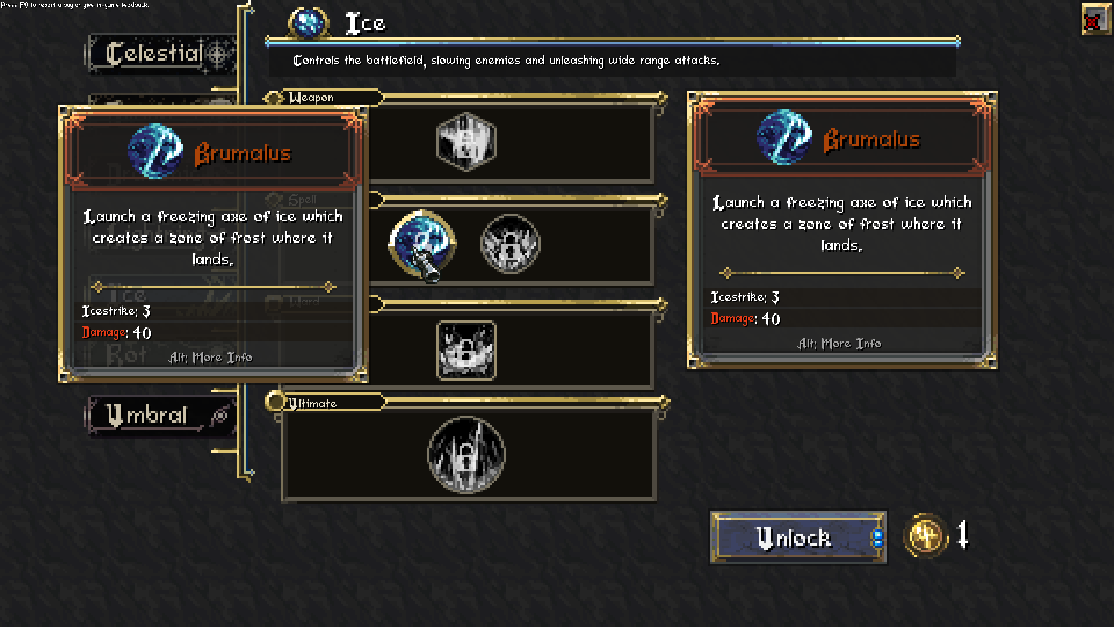 A screenshot of roguelike action RPG Cursemark. A highlighted spell tooltip for a freezing attack.