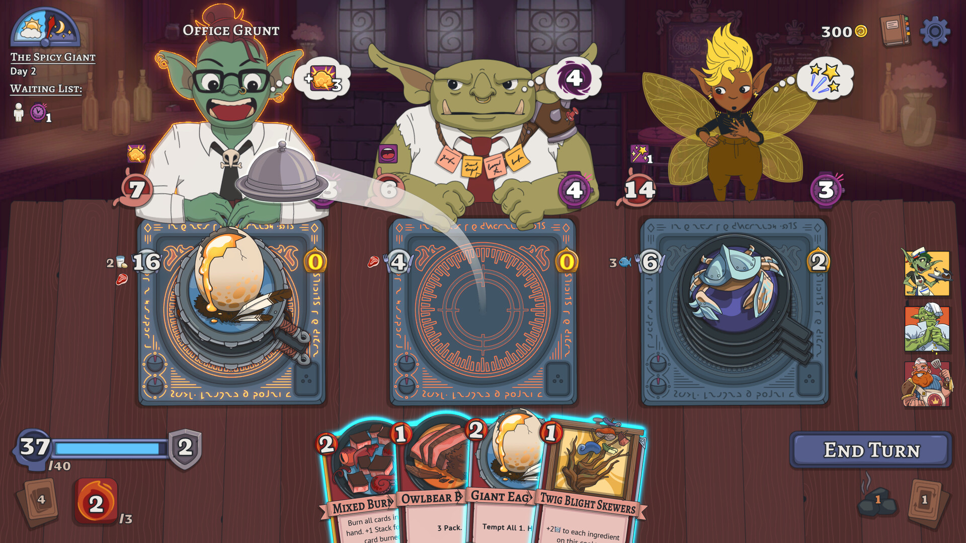 Arcane Eats - Three characters wait to be served at a table from a hand of meals on cards