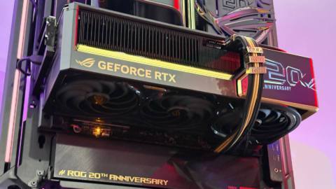 The ROG Astral GeForce RTX 5090 Edition 20 is seen mounted on the open-frame ROG GR20 PC case on the showfloor of Computex 2026.