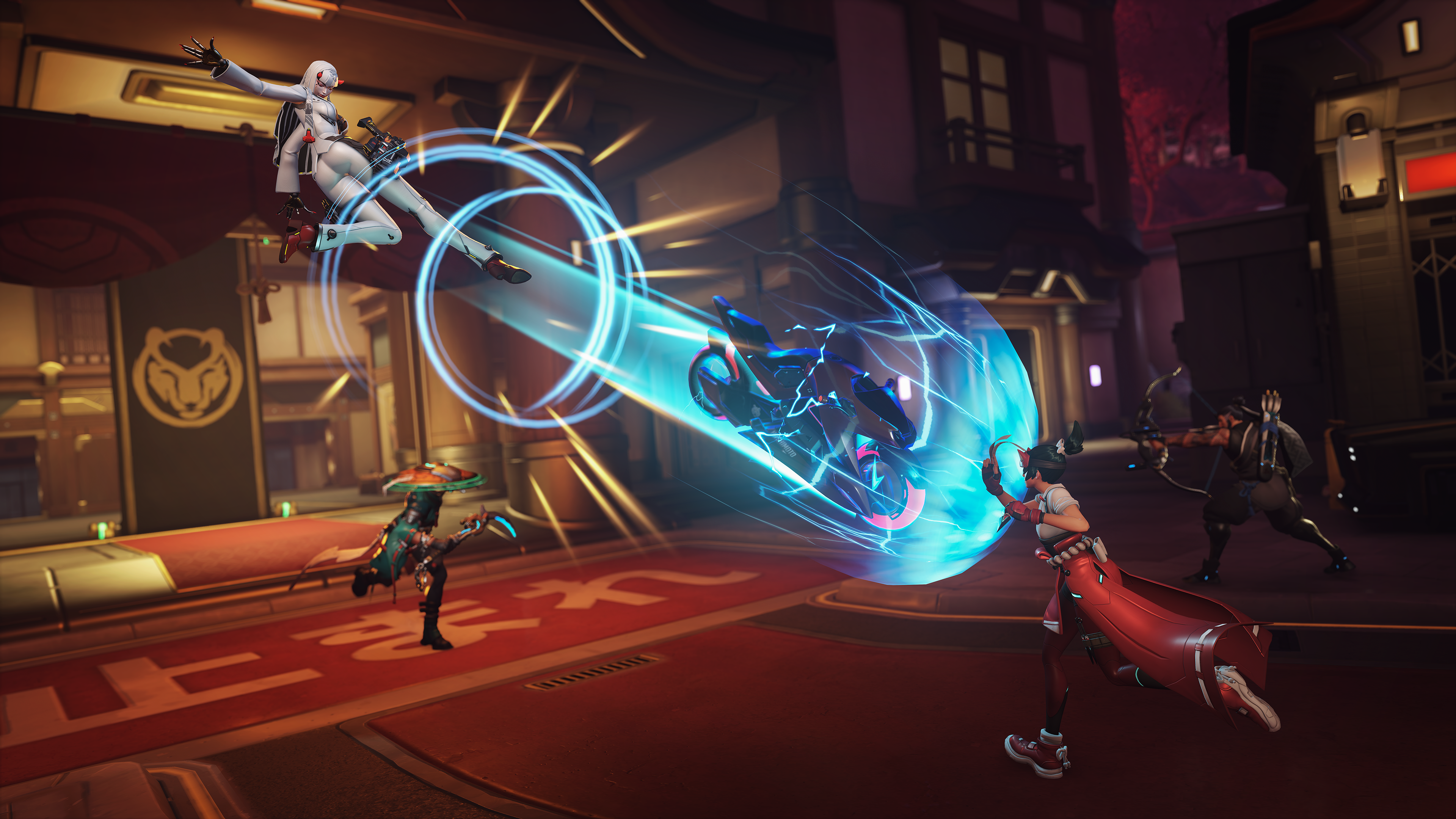 A promotional Overwatch gameplay screenshot of new hero Shion. A robot woman kicks a motorcycle down toward her enemies.