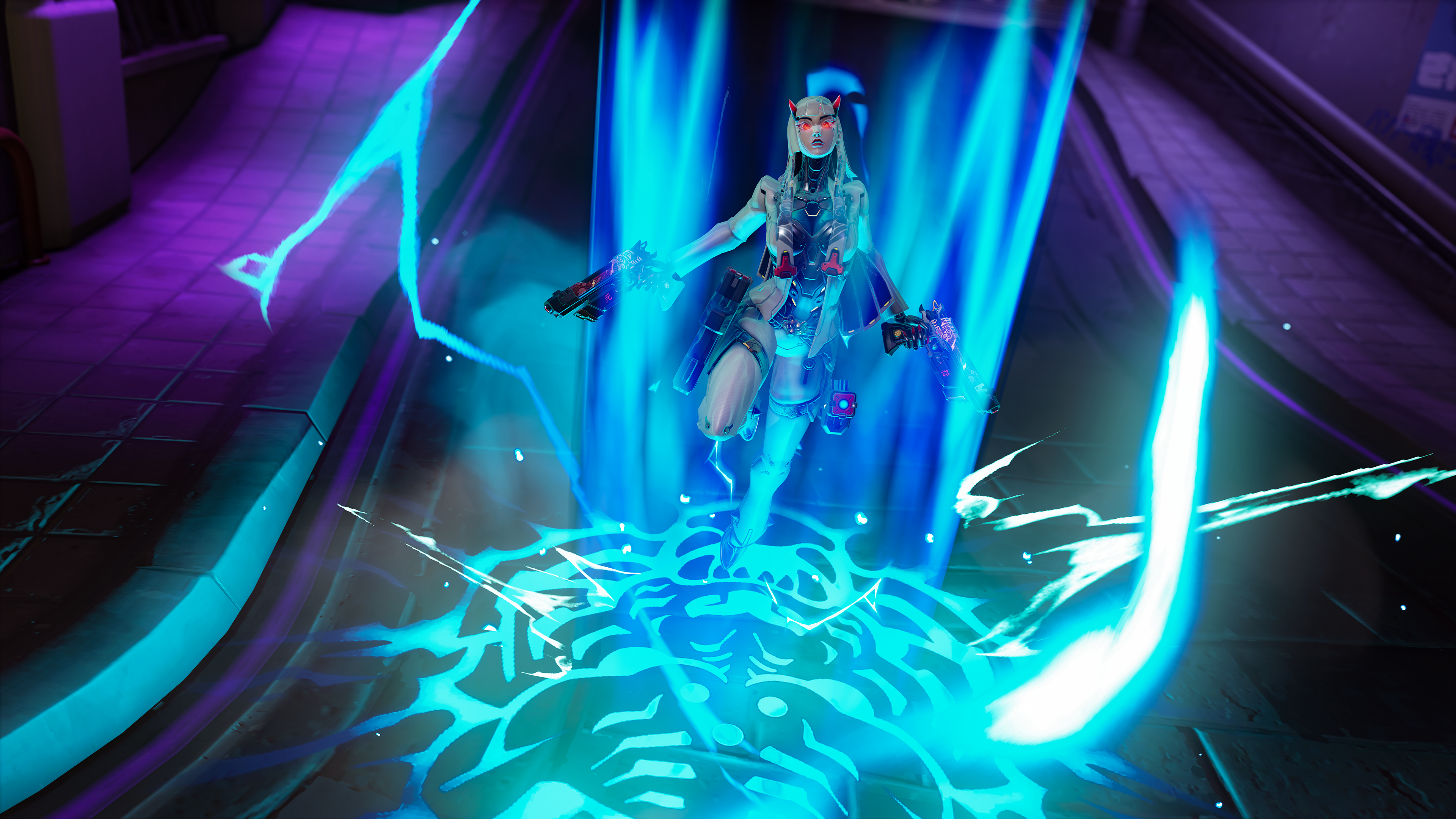 A promotional Overwatch gameplay screenshot of new hero Shion. The robot woman's red eyes light up as she is surrounded by bright blue lightning.