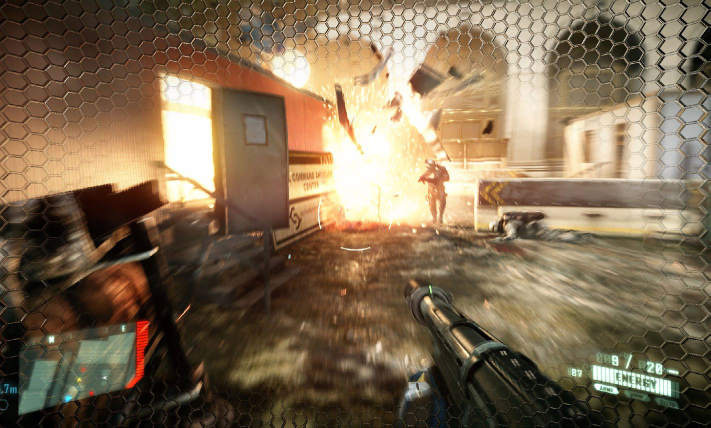 A screenshot of Crysis 2 where the player stares down an explosion.